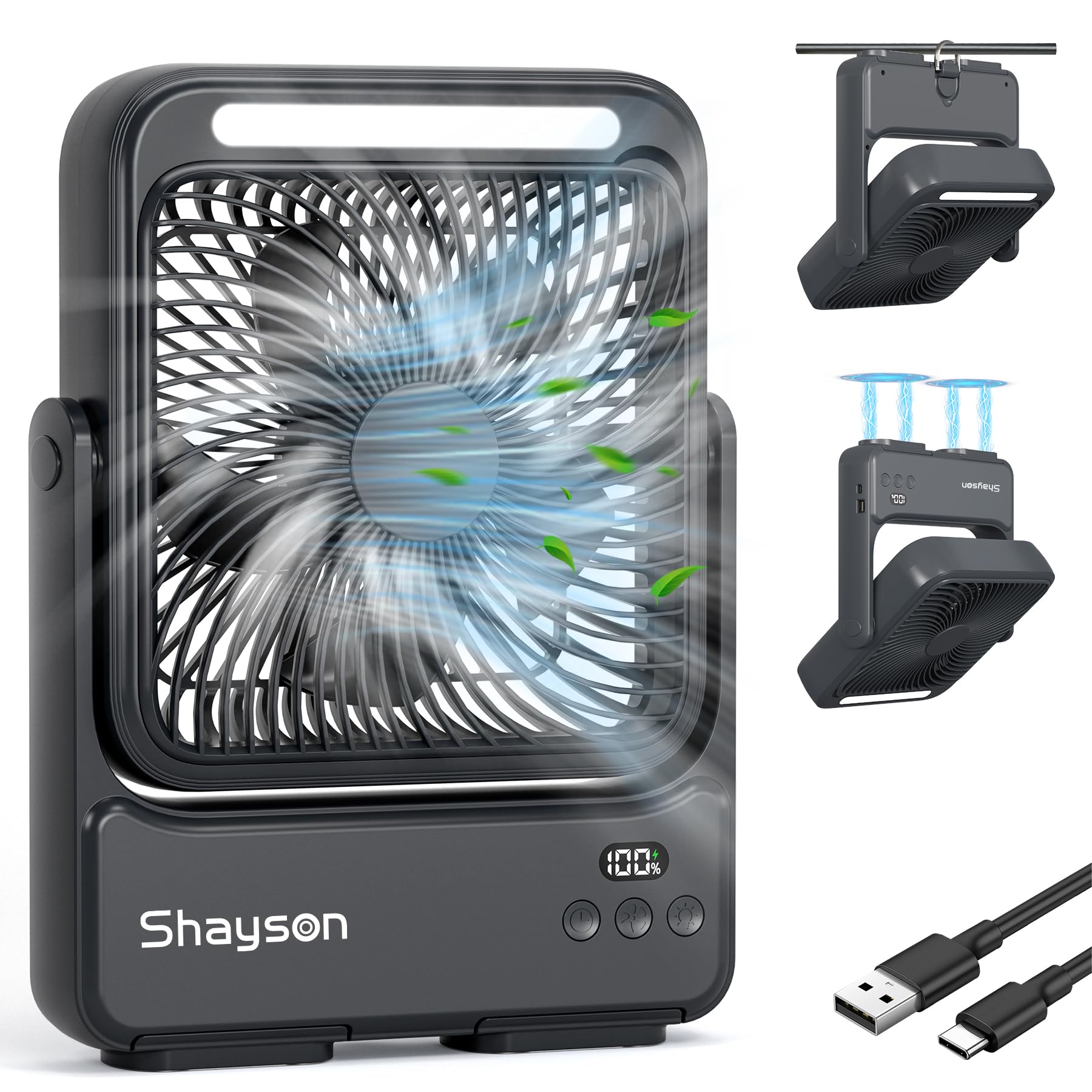 Shayson Portable Fan 20000 mAh USB Camping Table Fan with LED Light, 4 Speeds, 12-43 Hours of Operation, Smart Display (Black) - 1