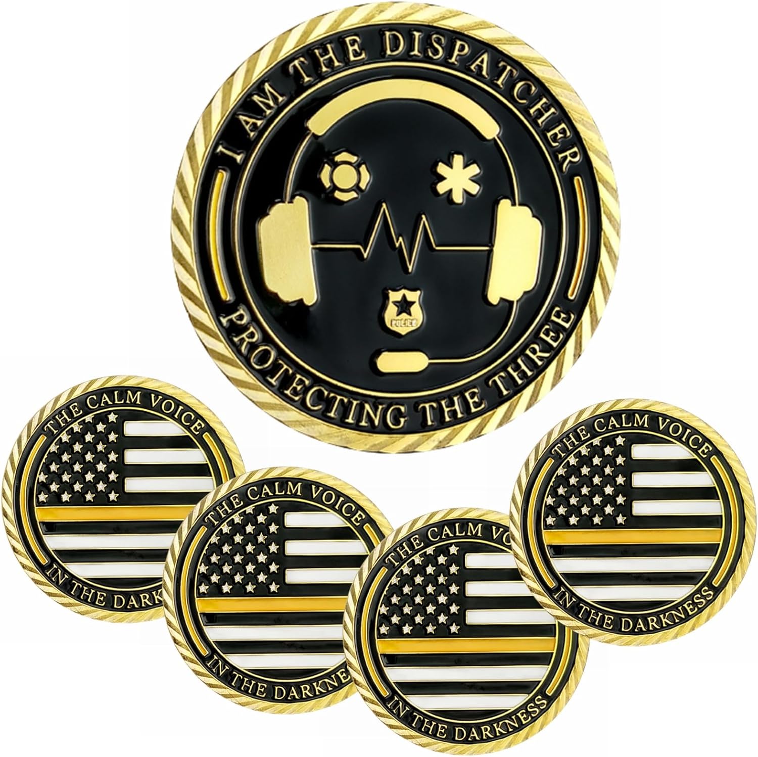 Imasoner 5 Pack Thin Gold Line Flag Police Challenge Coins – I Am The Dispatcher Protecting The Three – 911 Emergency Dispatcher Appreciation Gift for First Responders