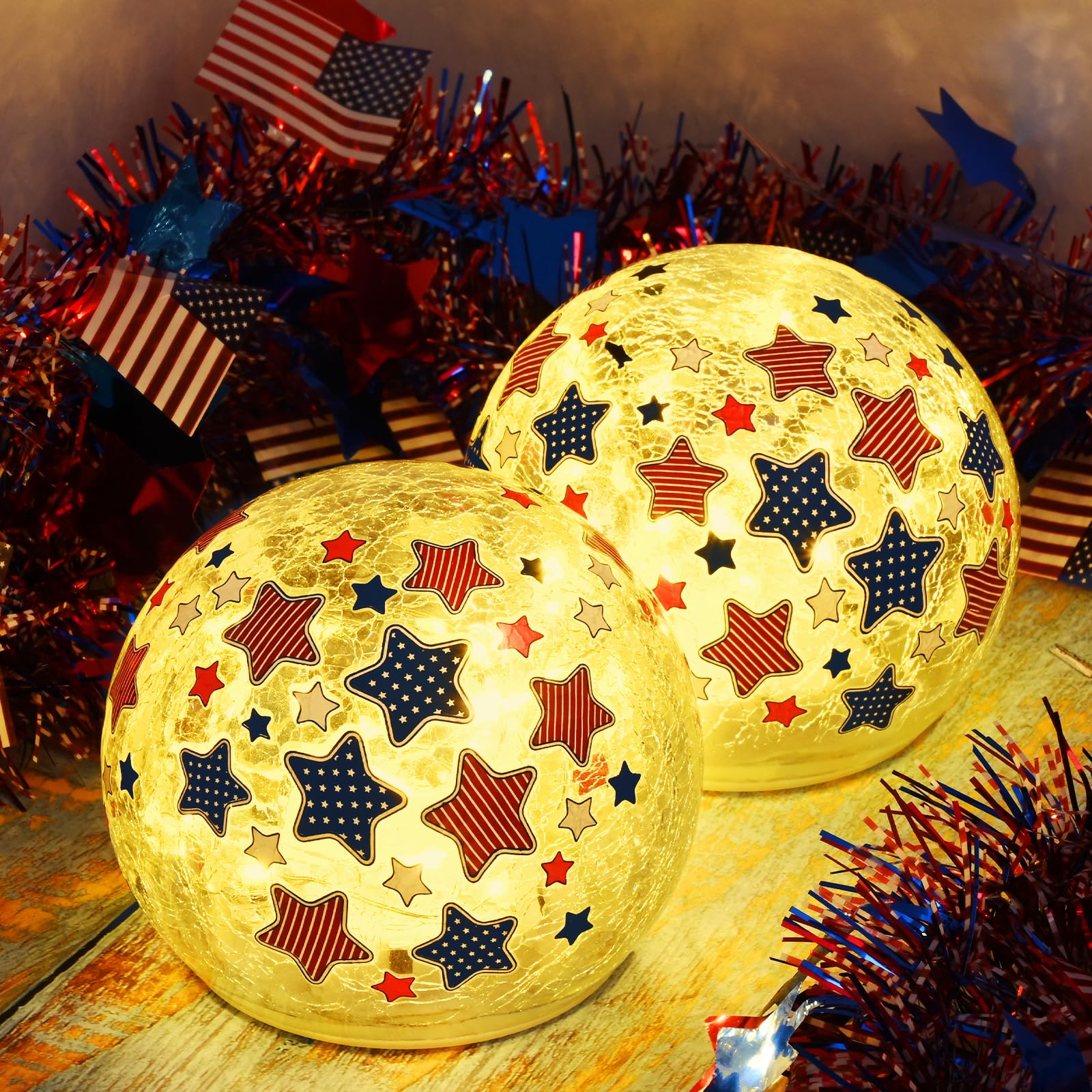dededa 4th of July Decorations Crackle Glass Ball Light, 4'' American Flag Lights Table Centerpiece Decor, Battery Operated LED Patriotic Globe Star Lamp for Independence Day (White, 2Pcs)