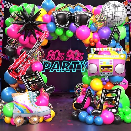 Decoraciones para fiestas de los años 80 y 90, kit de arco de globos de 178 piezas, bola de discoteca, gafas retro, notas musicales, patines,