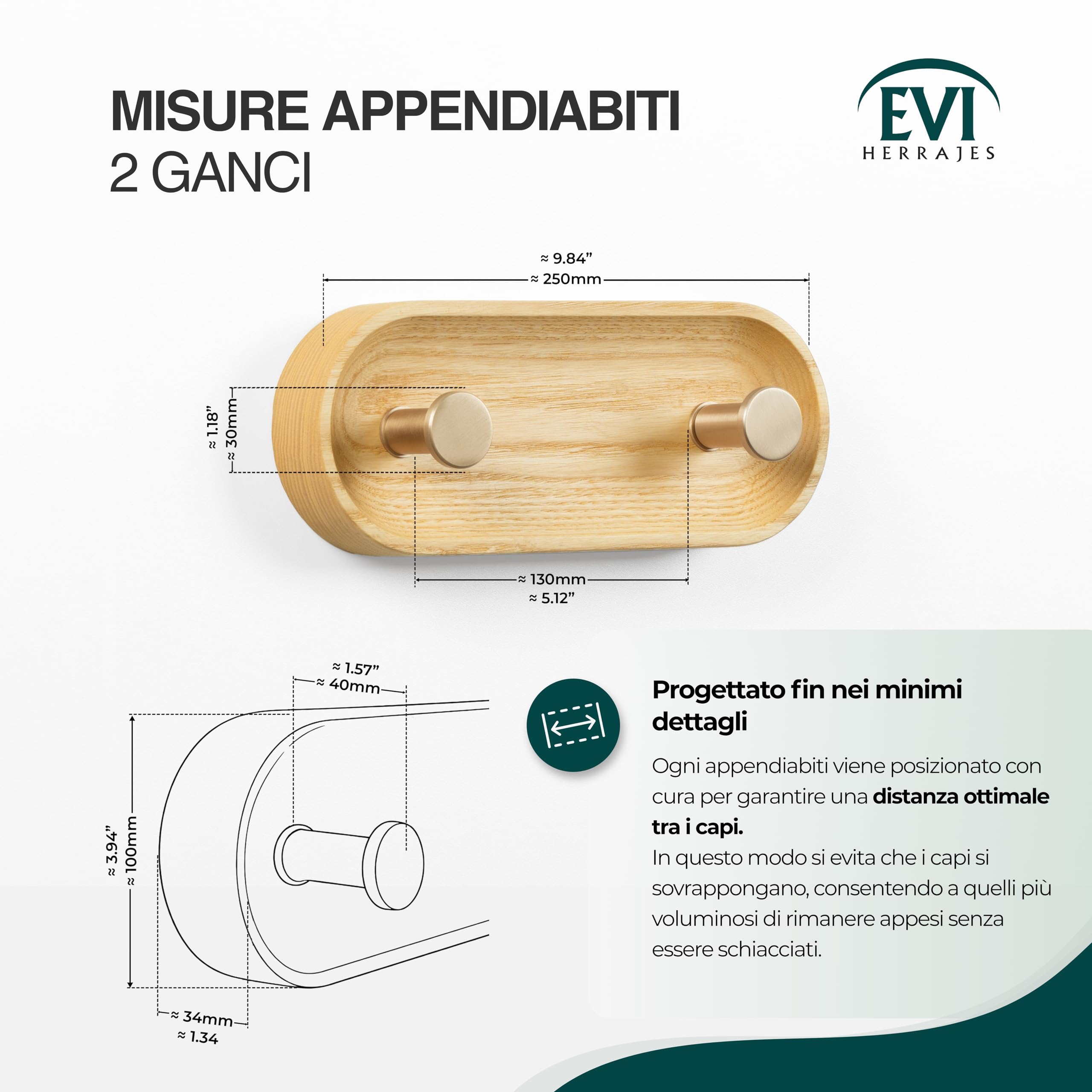 EVI Herrajes | Appendiabiti da parete a 2 ganci | Legno massello di frassino | Ganci in ottone satinato | Kit di montaggio incluso | Mod. Cova 2CFRLMT