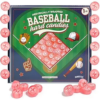 Bulk Baseball Candy, Individually Wrapped Hard Candies, Sports Themed Party Favors, Treat Bags, Snacks and Concessions, 1 Pound Box, 110 Pieces, Strawberry Flavor