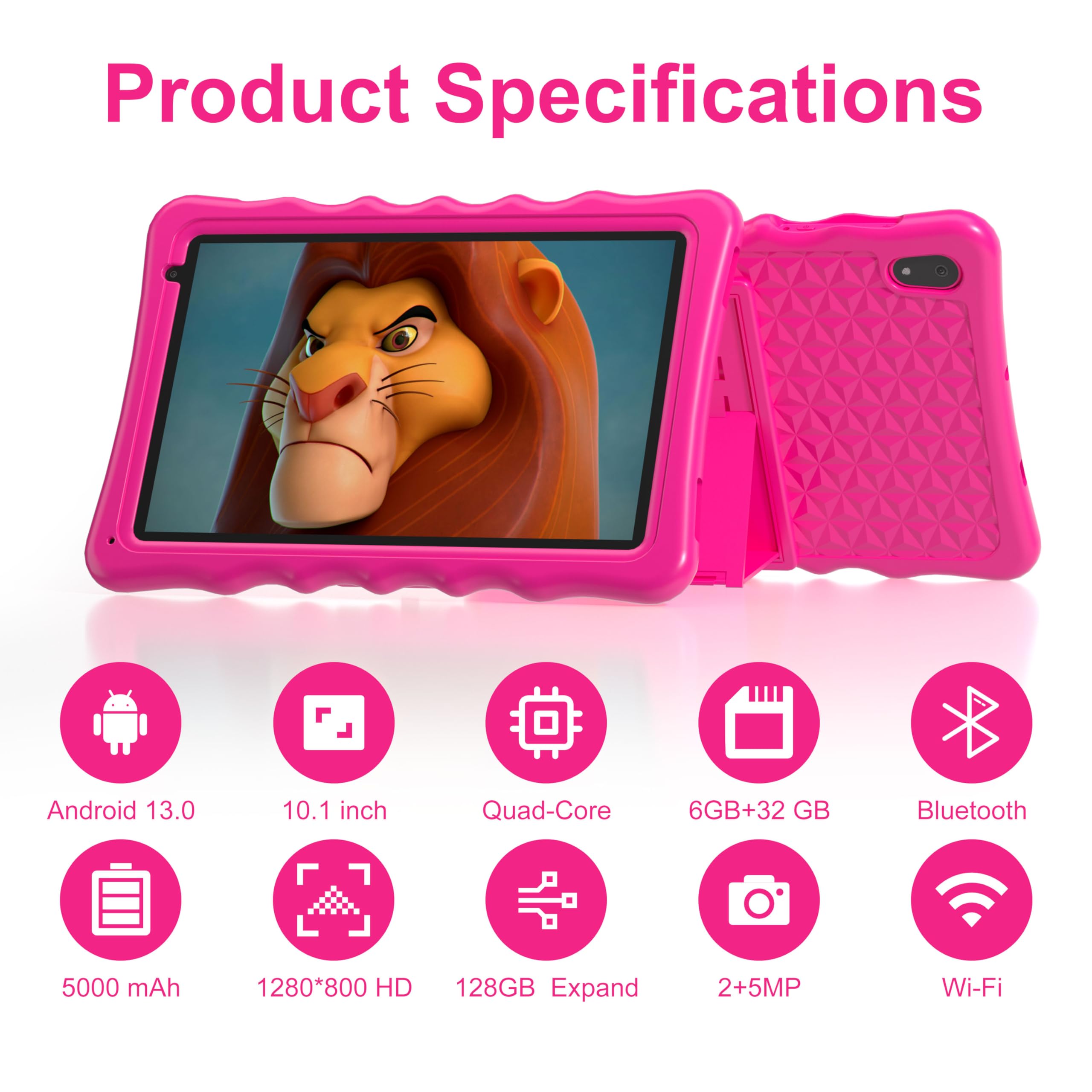 Tablet dla dzieci, tablety dla małych dzieci z odpornym na wstrząsy etui ochronnym, kontrola rodzicielska, podwójny aparat, Bluetooth, WiFi, 10,1-calowy tablet z systemem Android 13 dla dzieci