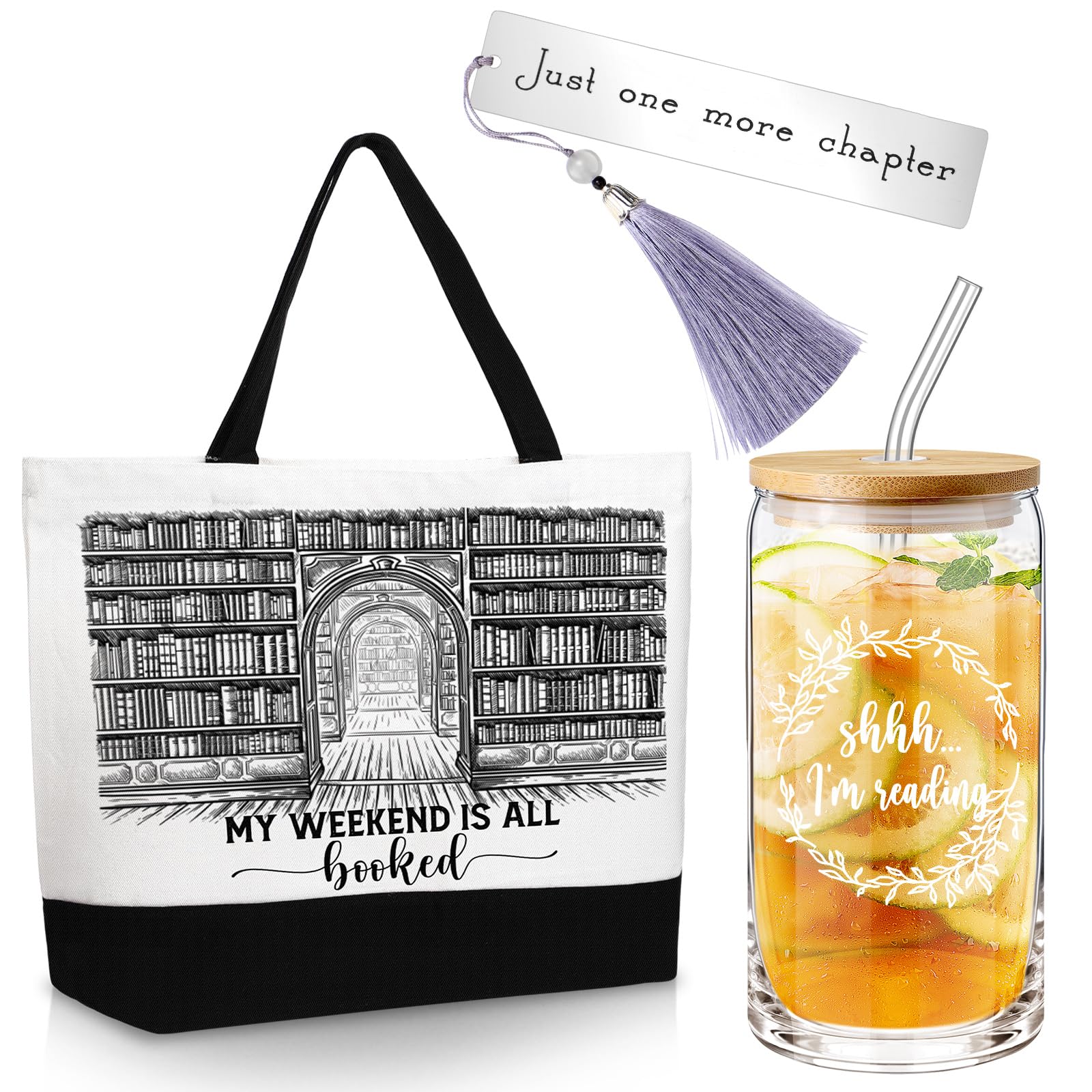 Idée cadeau amateurs de livres coffret complet avec grand verre couvercle bambou et tote bag lecture