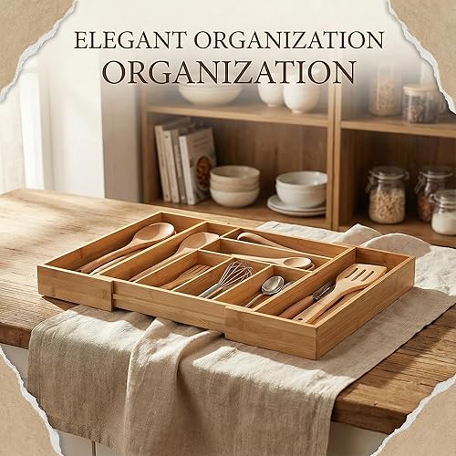 Miniatura 6 de Organizador de cajones de bambú – Soporte extensible para utensilios de cocina, organizador de cajones de cubiertos ajustable, bandeja de madera de