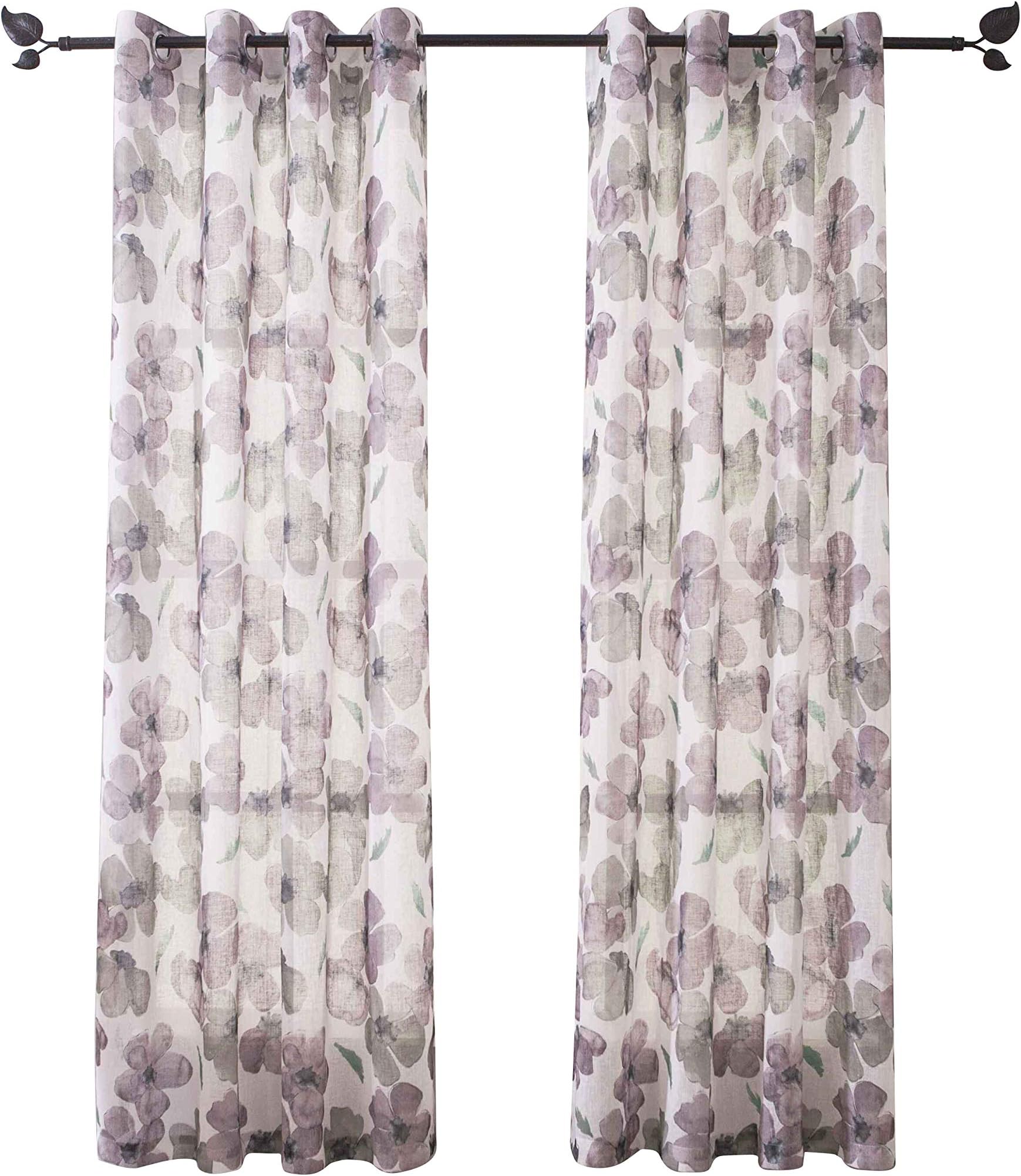 Floral Print Curtain Panel, Faux Linen Grommet Top Window Drapes Room Décor Contemporary Watercolor Petal Printed Curtain Drapes Perfect for Living Room and Bedroom, 54” Wide x63” Long Set of 2 Purple