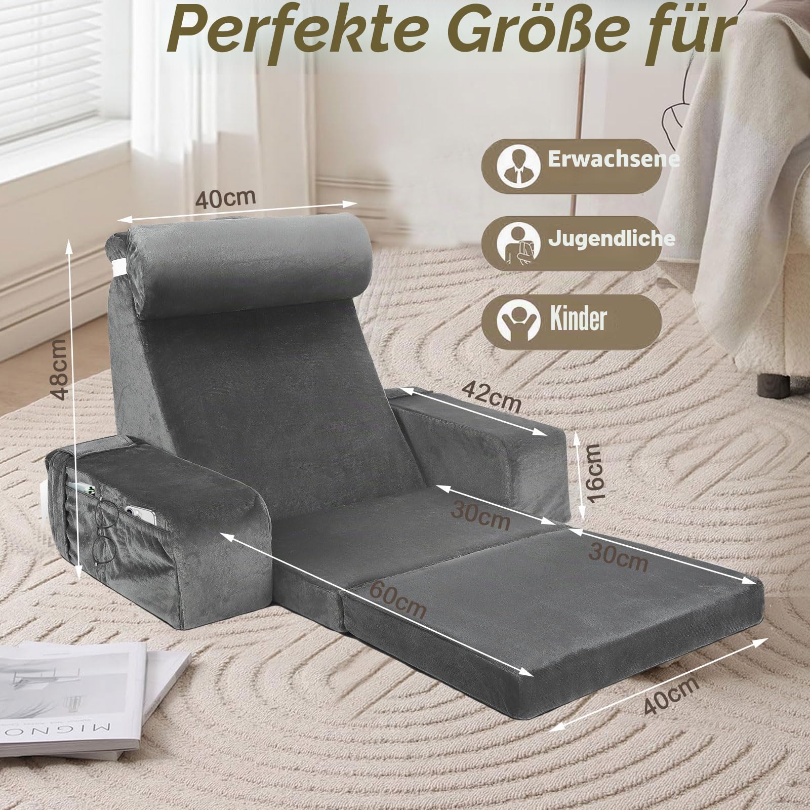 Lesekissen für Bett und Sofa,Rückenkissen Bett mit Abnehmbarer Nackenrolle,Armlehnen und Taschen,Groß Erwachsenen Rückenkissen für Lesesitzkissen zum Lesen,Entspannen,Fernsehen,Maschinenwaschbar