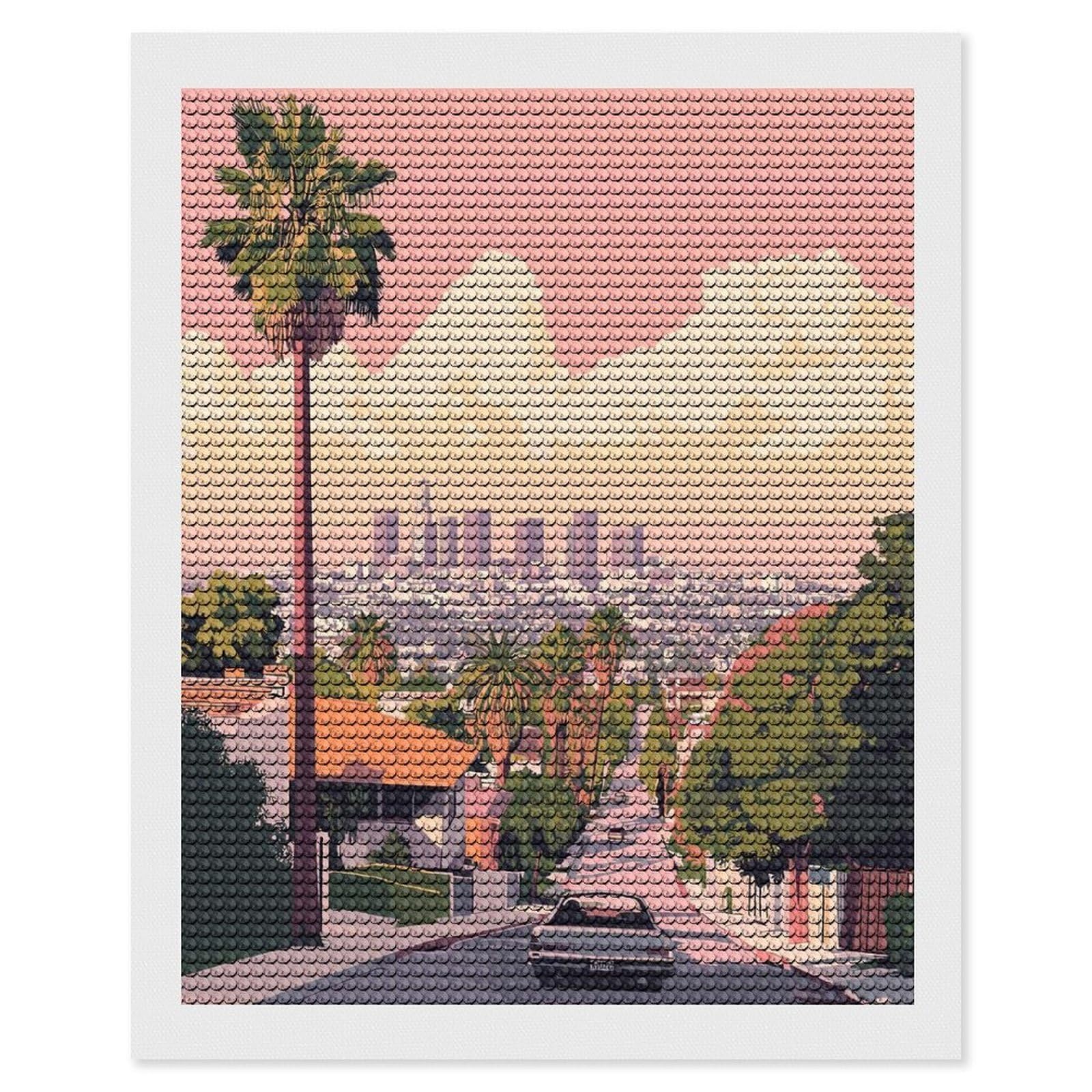 Junmoney Los Angeles Skyline View DIY Diamond Art Canvas Kit 16"x20", Winter Craft, Mindful Craft Project, Aesthetic Room Decor, Decor Project