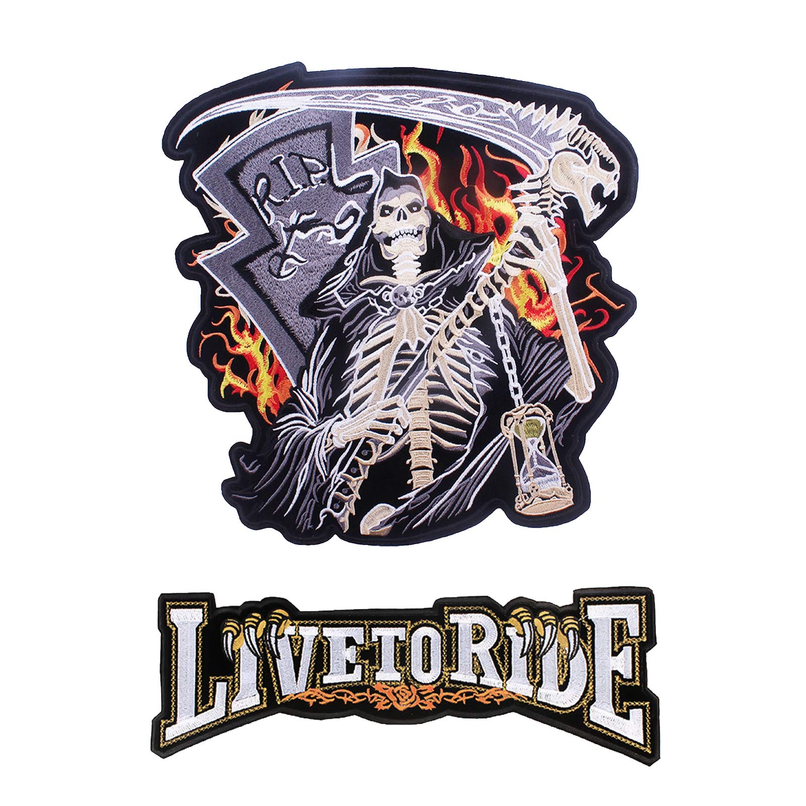 Super Oversize Men Women Jacket Back Embroidered Iron-on Patch, Motorcycle Rider Decor (R.I.P. + Live to Ride)