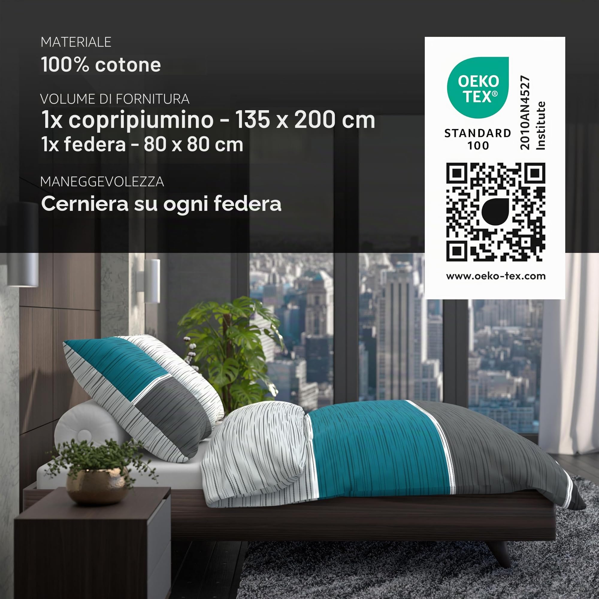 LARAWELL Biancheria da letto 135 x 200 cm, in cotone, per tutto l'anno, colore: blu e grigio a righe