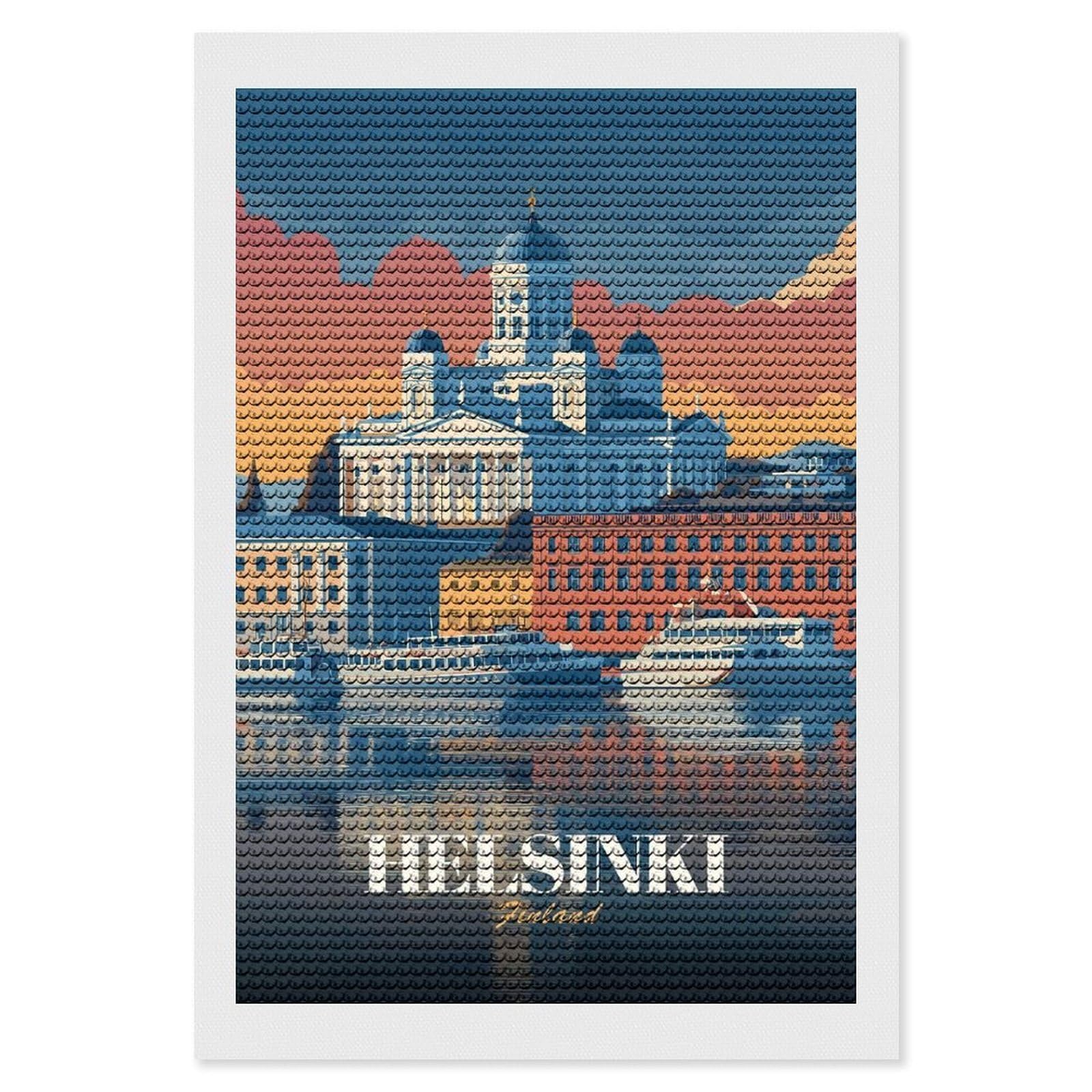 Junmoney Helsinki, Finland Cityscape Illustration Diamond Painting Canvas Kit 8"x12", Relaxing DIY, Modern Decor, Aesthetic Room Decor, Home Wall Art, Wall Art Gift