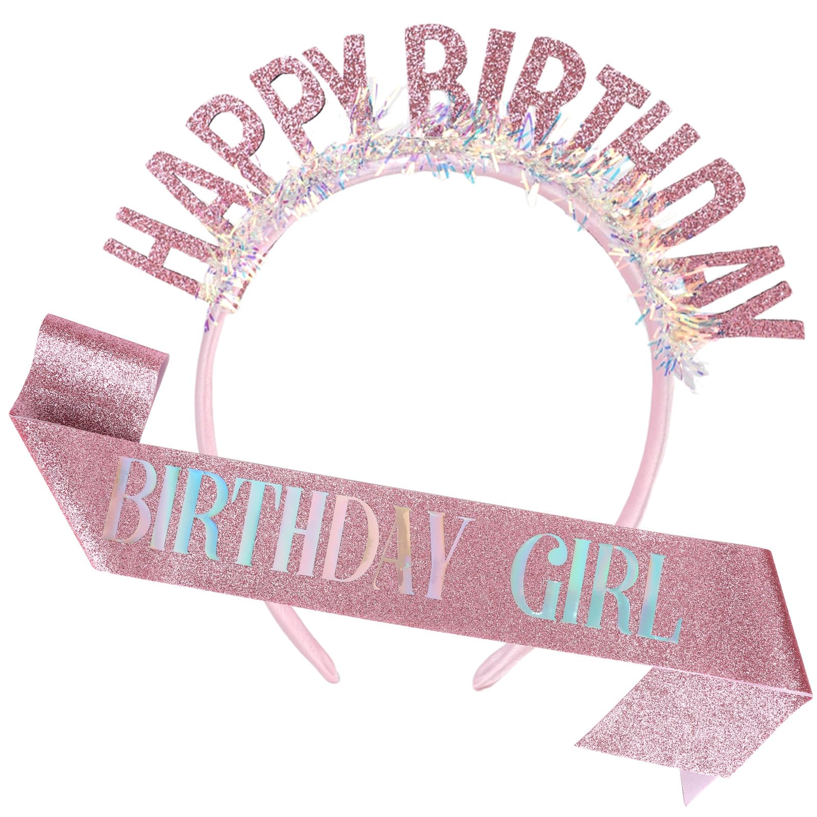 Pink Happy Birthday Crown and Sash Set, Glitter Birthday Girl Sash Rainbow Confetti Headband for Girls & Women for Party Celebrations & Decorations