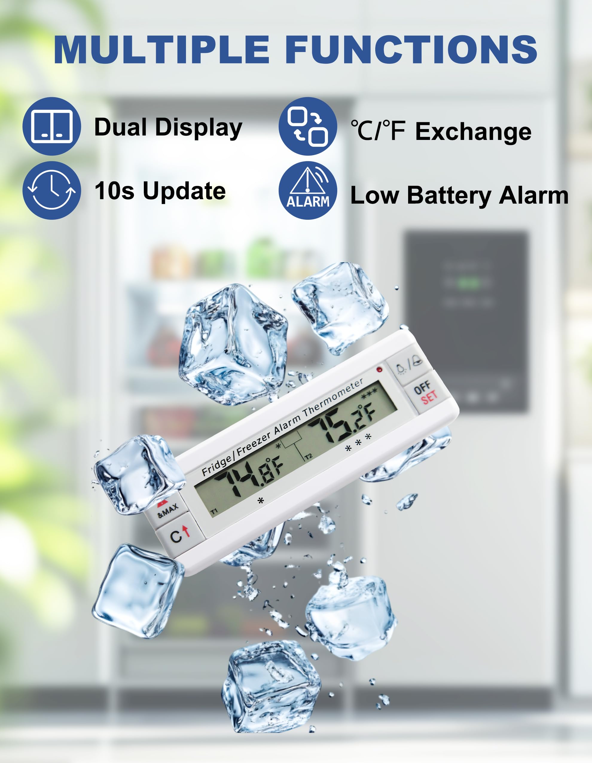 Frigorifero/Congelatore Allarme Termometro 2 Canali Frigorifero Termometro con Indicatore di Allarme LED Memoria Max/Min per Casa Cucina Ristoranti Bar Caffè