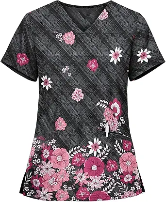 OIOLOYJM Printed Scrub Tops Women V Neck Short Sleeve Plus Size Scrubs for Womens Nursing Uniforms Shirts with Pockets