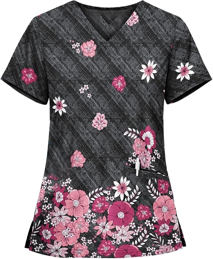 OIOLOYJM Printed Scrub Tops Women V Neck Short Sleeve Plus Size Scrubs for Womens Nursing Uniforms Shirts with Pockets