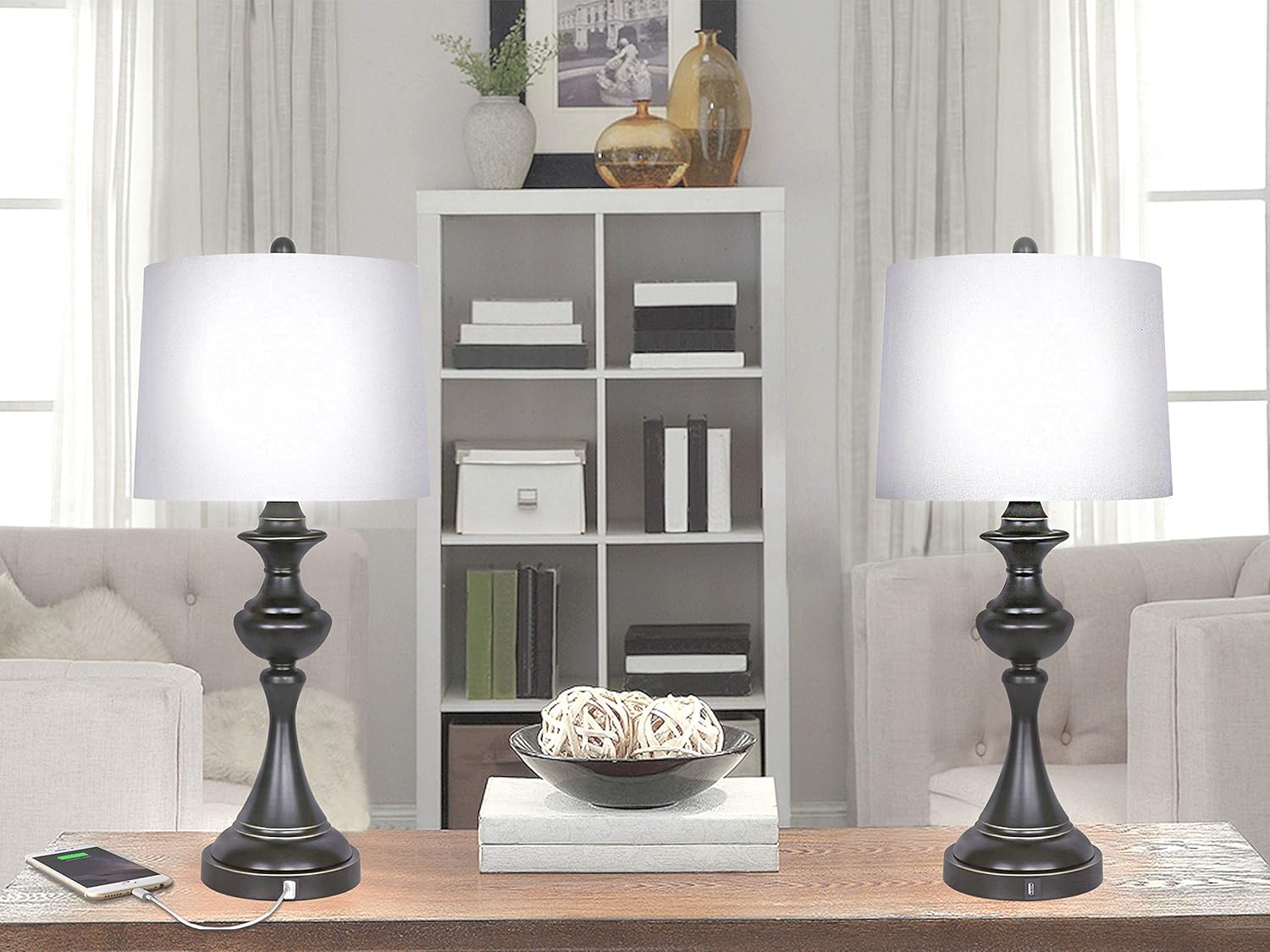 Grandview Gallery 28.5 Oiled Bronze USB Port Table Lamp Set w/White Linen Shade, USB Charger in Lamp Base