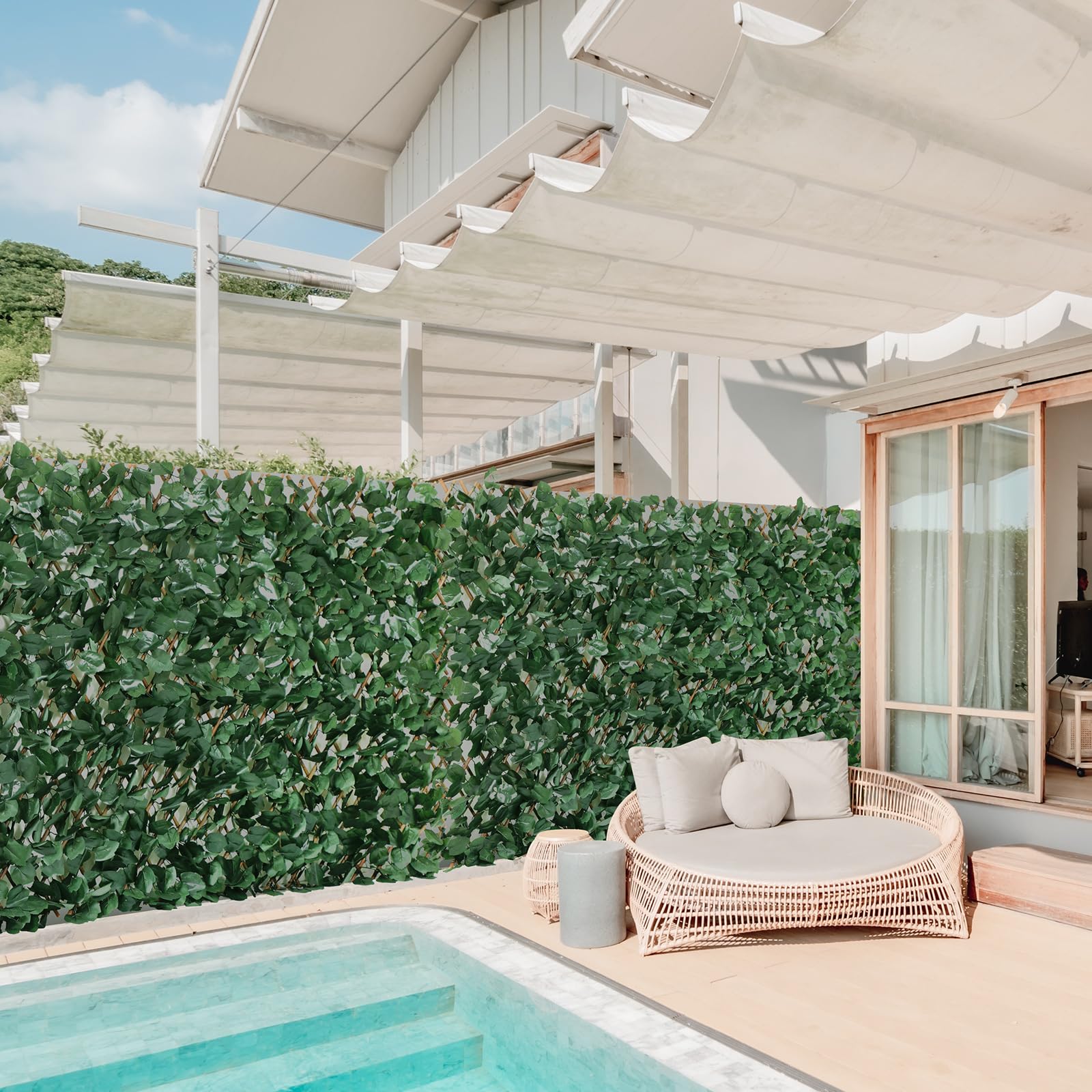 Erweiterbarer Gitterzaun 100x200cm flexibel ausziehbar aus Weide mit künstlichem Blattwerk aus Ahornblätter, Sichtschutz Zaun und Dekoration für Wohnzimmer, Garten, Balkon und Terrasse