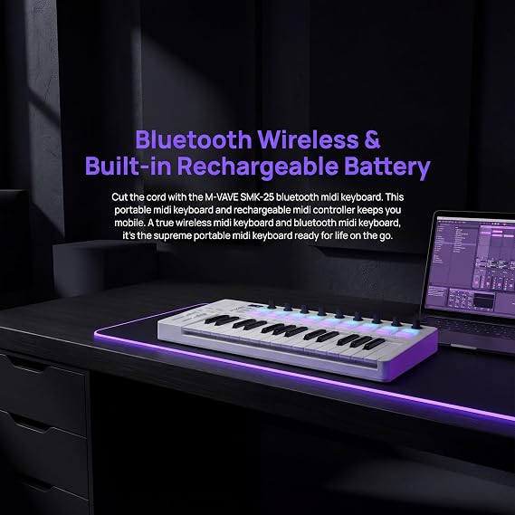 M-VAVE SMK-25 II MIDI Keyboard Controller with Backlit Drum Pads, Bluetooth Wireless Portable Rechargeable MIDI Controller, Beat Maker DAW Controller Wireless Bluetooth MIDI Keyboard (SMK-25 II White)