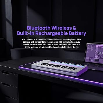 M-VAVE SMK-25 II MIDI Keyboard Controller with Backlit Drum Pads, Bluetooth Wireless Portable Rechargeable MIDI Controller, Beat Maker DAW Controller Wireless Bluetooth MIDI Keyboard (SMK-25 II White)