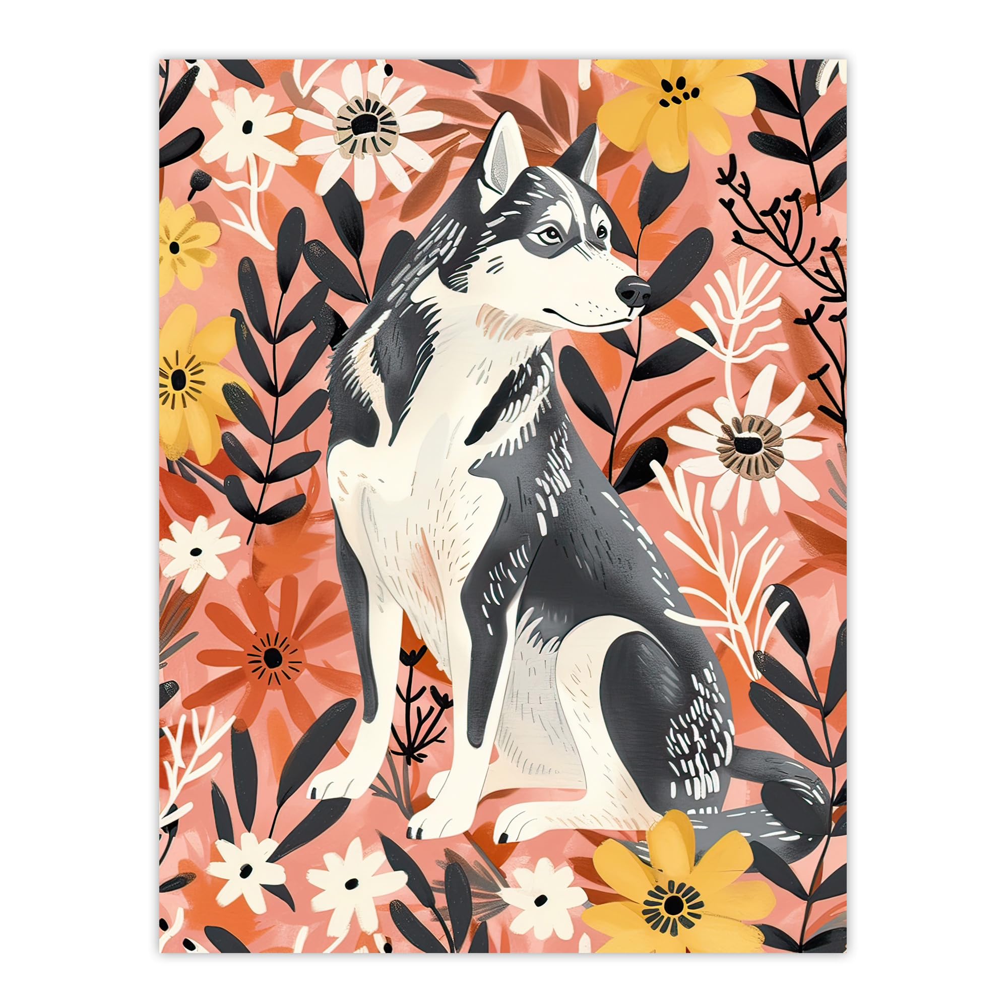 Artery8 Dog Lover Siberian Husky Rustic Pink Floral Living Room Extra Large XL Wall Art Poster Print