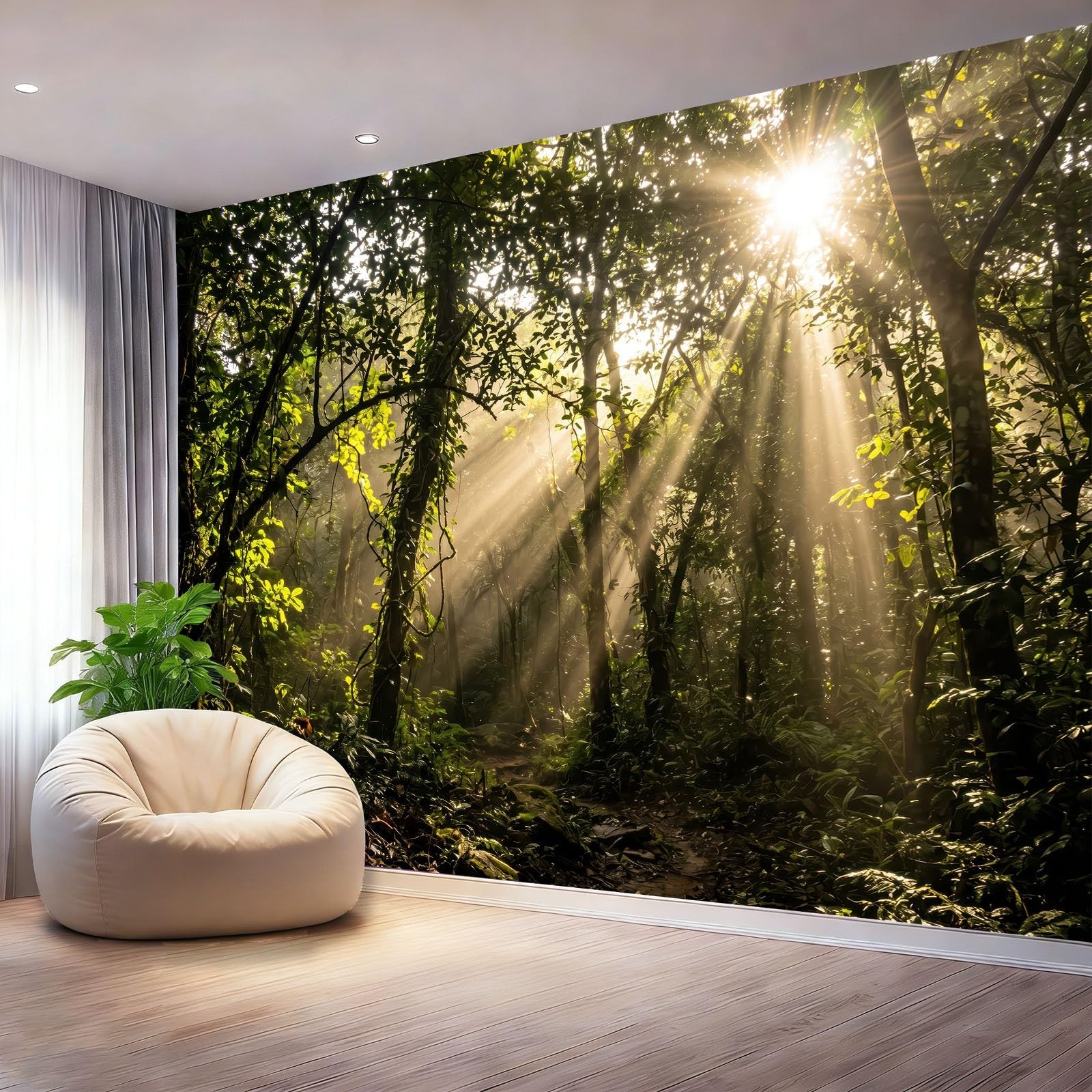 Fototapeta natura, dżungla, światło słoneczne, drzewa, pnącze, krzewy, tapeta z motywem, tapeta ścienna, dekoracja, 350 x 256 cm, fototapeta z włókniny XXL, nowoczesna tapeta ścienna do salonu