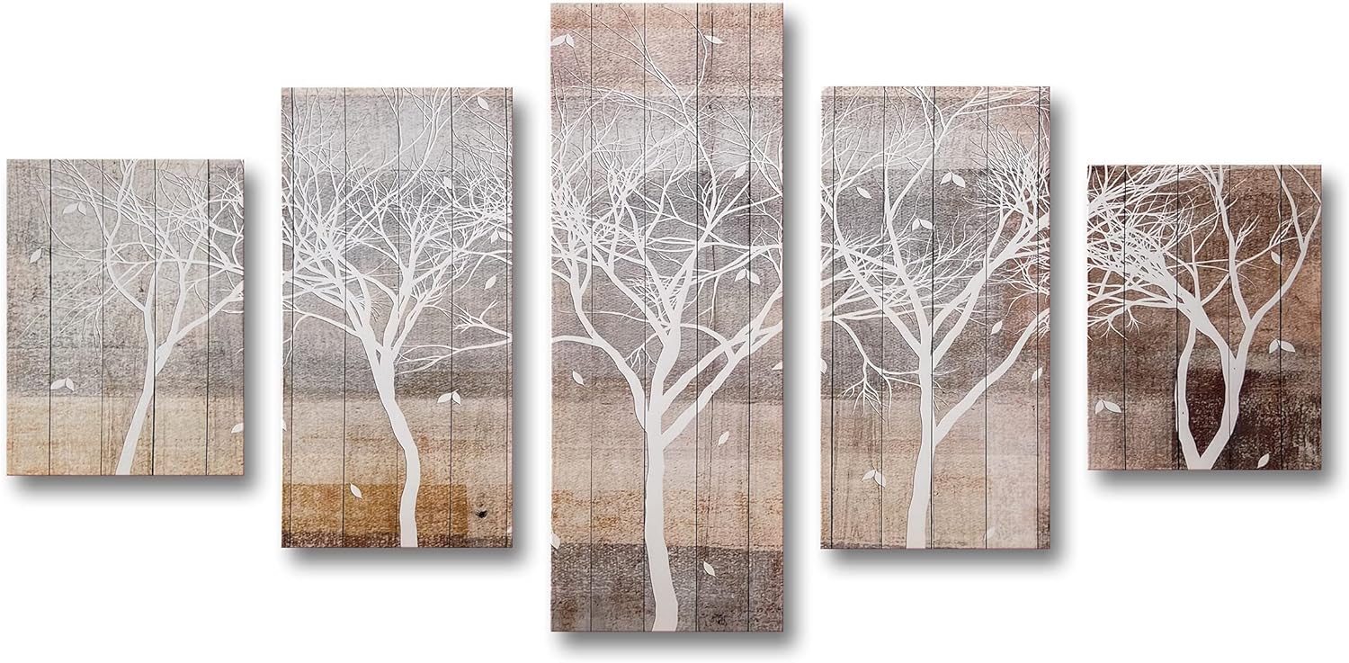 Aitesi Art Autumn Painting On Canvas White Tree Silhouette On Wooden Background Wall Art 5 Piece Large Landscape Falling Leaves Fall Artwork Framed Ready to Hang for Home Decoration 32x60inch - Image 2