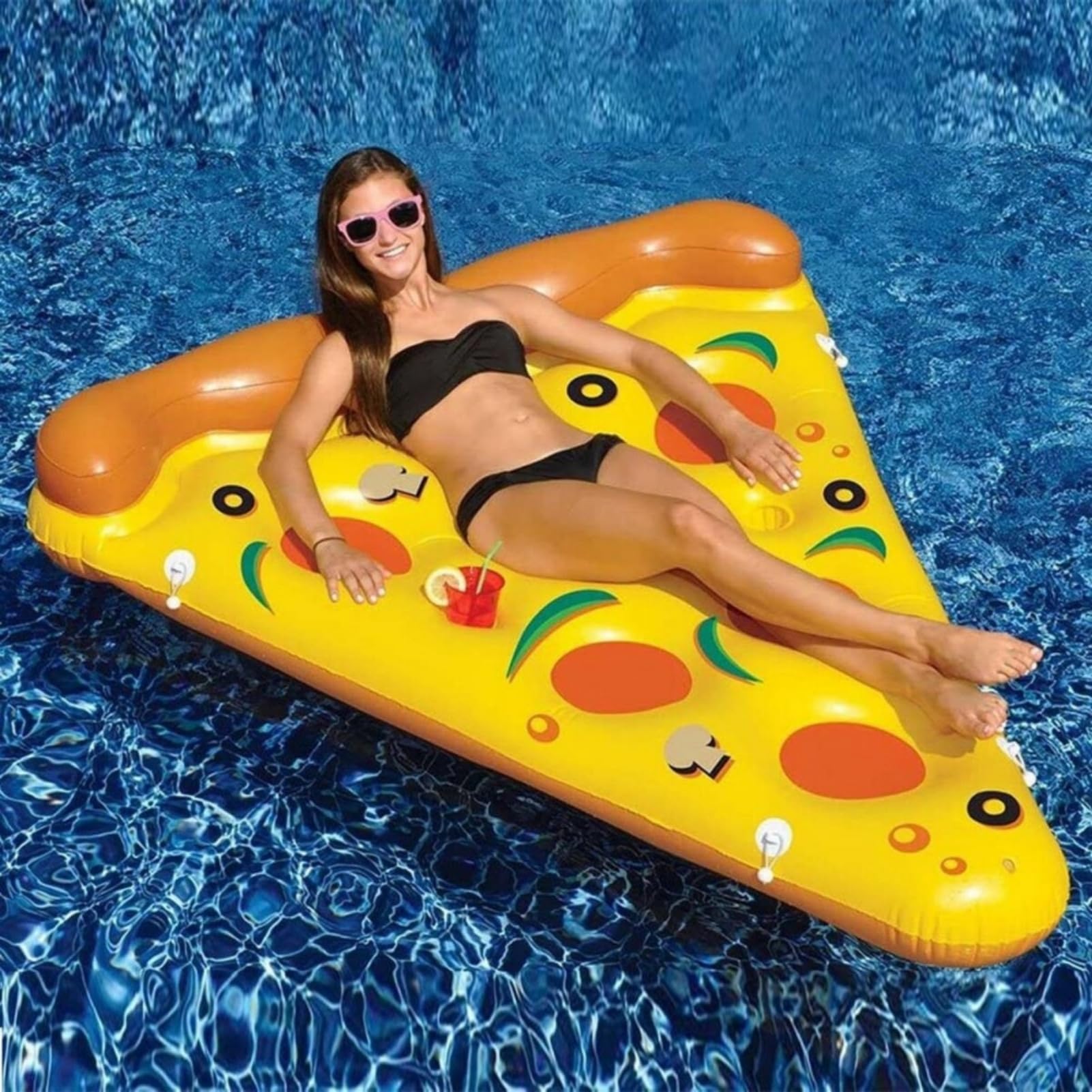 Colchoneta Piscina Adultos - Flotador Piscina Hinchables con Portavasos, Flotador Inflable Pizza Grande Flotador Hinchable de Bronceado para Piscina Playa Fiestas Verano