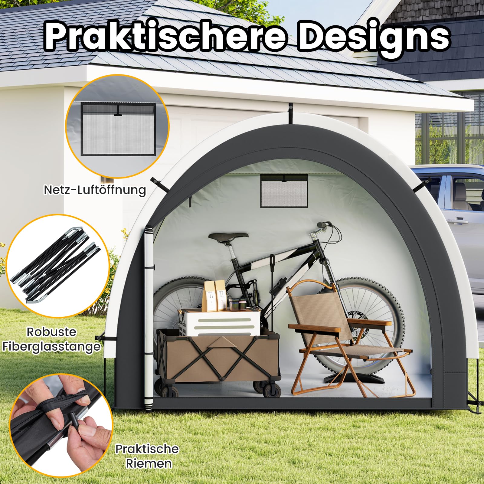 COSTWAY Fahrradgarage für 4-5 Fahrräder, wetterfest, mit 2 Rolltüren, Fenster & Tasche, 218 x 153 x 182 cm