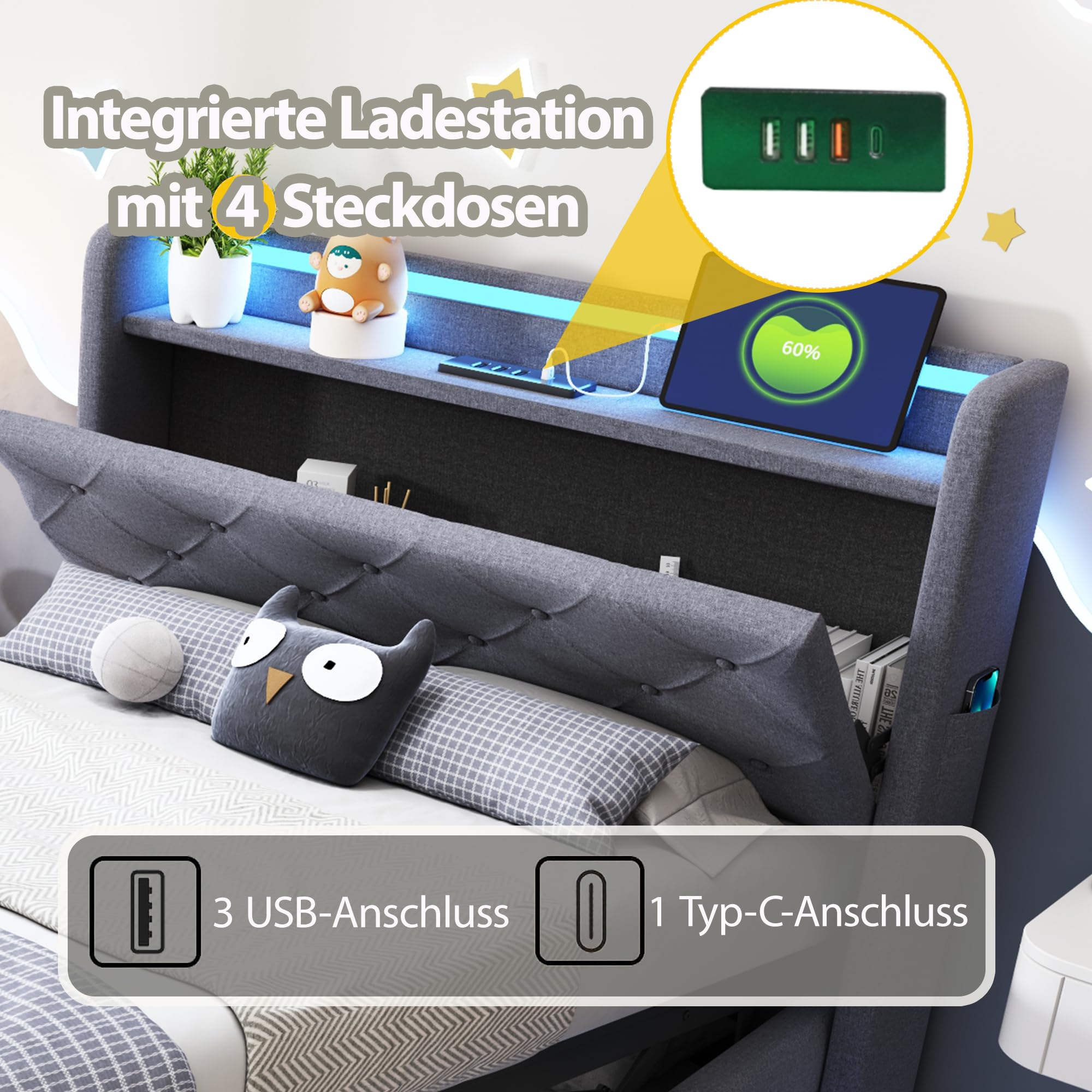 Letto Imbottito 90x200 cm, Letto Singolo per Bambini con LED Luci e USB Porta, Modern Struttura del Letti Idraulico con Contenitore Testiera, Tasca e Rete a Doghe, Lino,Senza Materasso (Grigio)