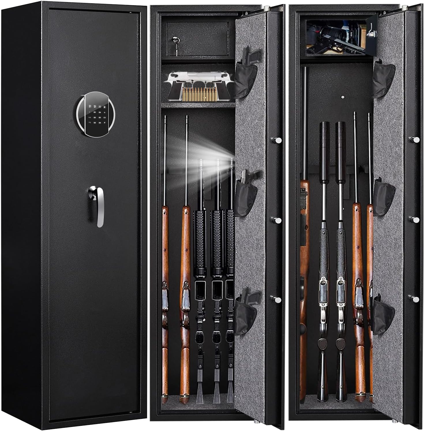 Biometric Rifle Safe, Quick Access 5 Gun Safe Fingerprint Rifle Gun Safe, Gun Safes for Rifles and Shotguns with Silent Mode, 3 Pistol Bags, Pistol Lock Box, (W-O-I-145-A)