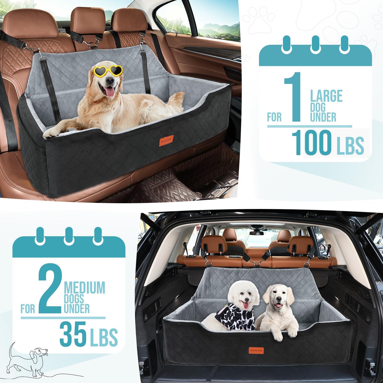 HEGGCOOE Asiento de Coche Grande para Perros de Menos de 100 Libras, Cama Lavable para 2 Perros medianos, Asiento de Coche Desmontable para Mascotas con Correas de Seguridad y Bolsillos de