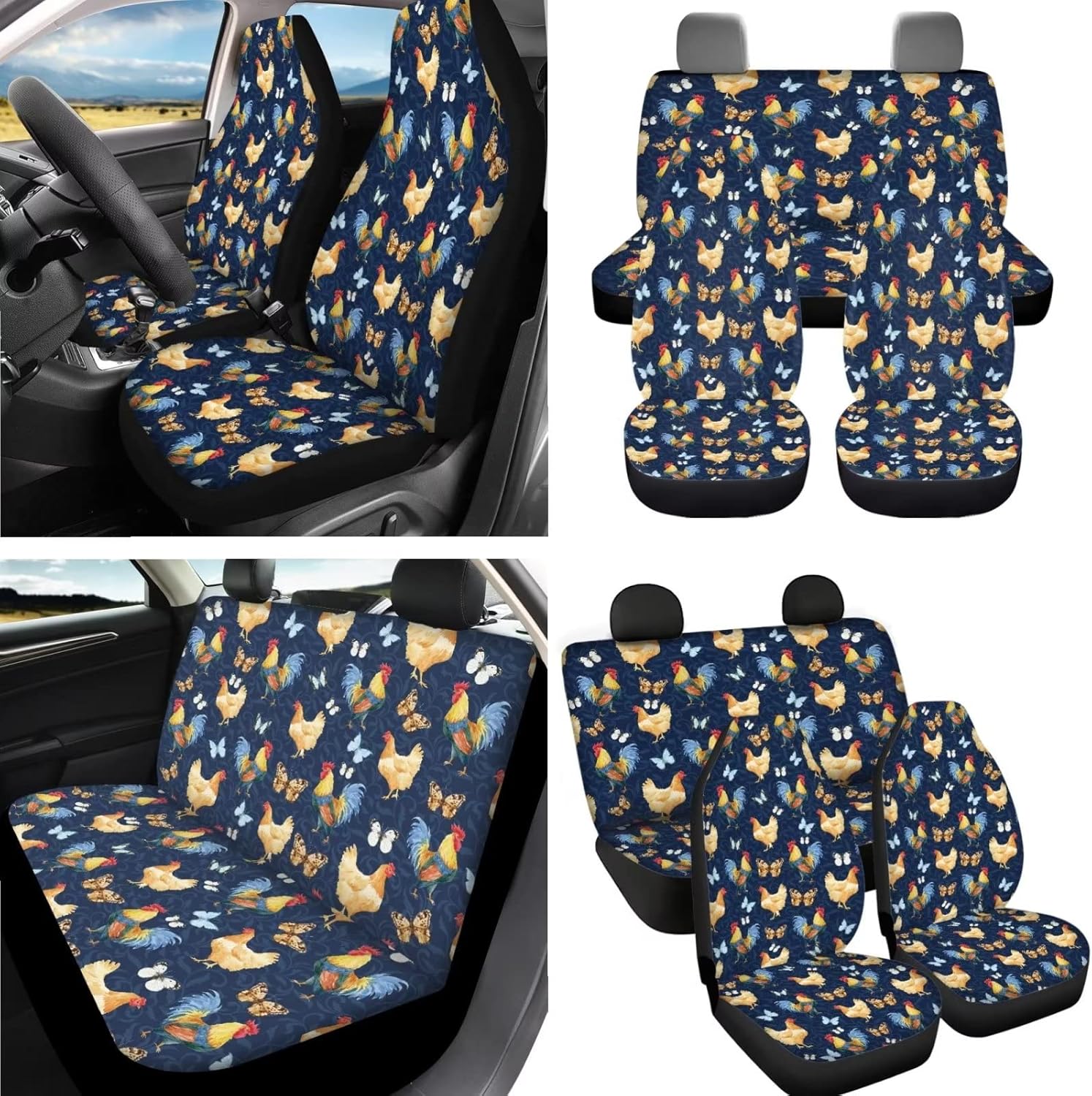 Biyejit Chicken Rooster Car Accessories Skull Car Seat Covers Full Set for Women with Steering Wheel Cover Seat Belt Cover Console Armrest Pad Coaster Keychains, Set of 13 Car Decor for Most Cars