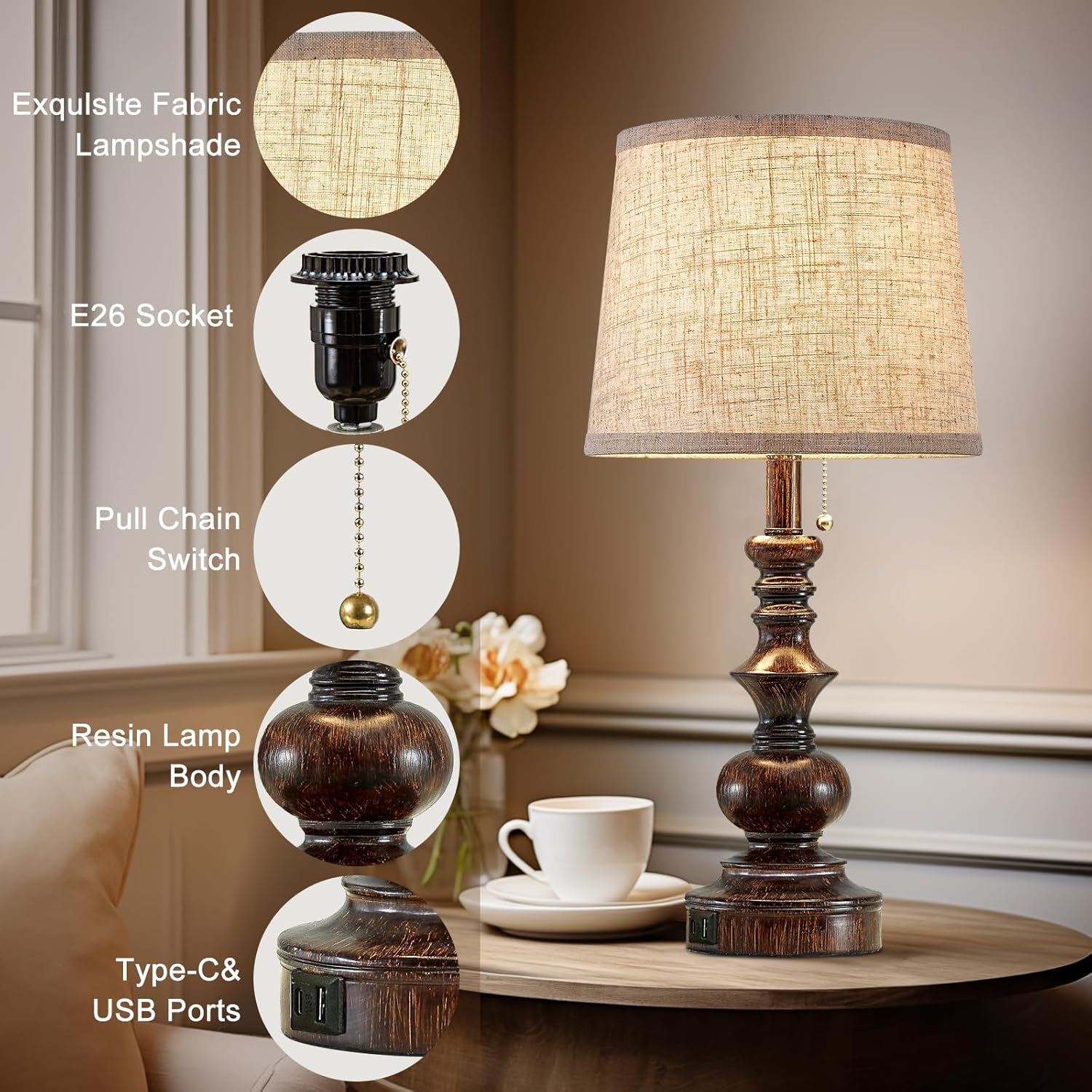 22'' Farmhouse Bedside Table Lamps Set of 2 for Bedroom Nightstand Lamps with USB A+C Charging Ports Traditional Small Table Lamp for Living Room End Tables,Pull Chain,Bulbs Not Included