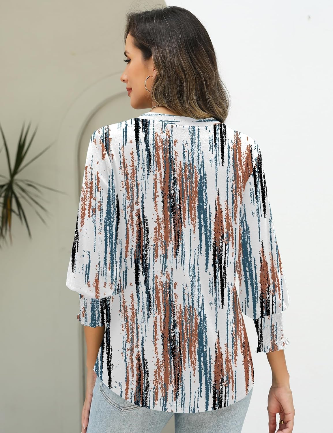 AKEWEI 3/4 Length Sleeve Womens Tops Summer Fashion V Neck Business Casual Blouses Smocked Shirts - Image 3