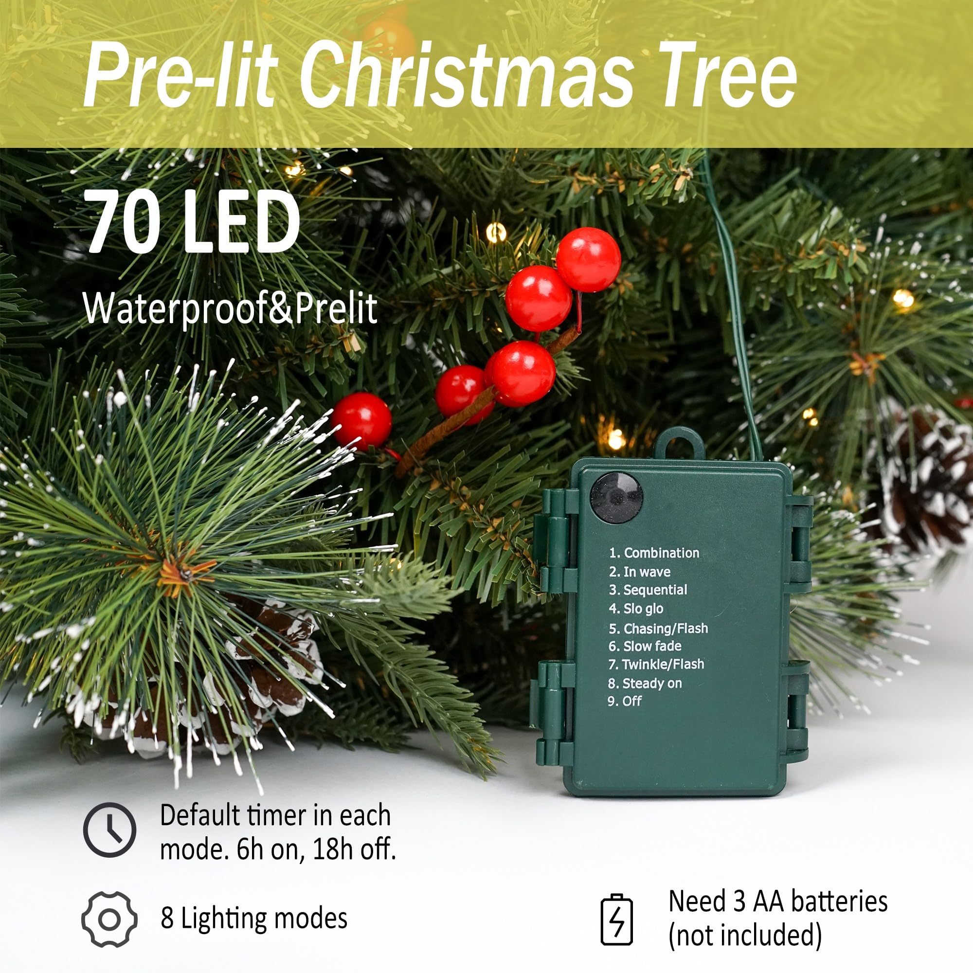 Sapin de Noël artificiel pré-éclairé de 91 cm avec 70 LED rouges chaudes, aiguilles de pin, sapin de Noël en pot de verdure pour intérieur, porche, extérieur