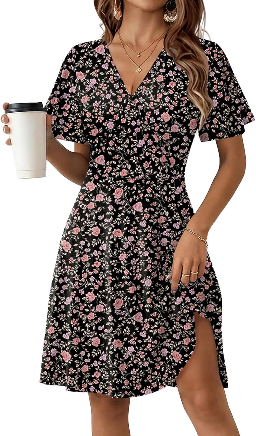 Zeagoo Womens Summer Sundress Ruffle Short Sleeve Casual Dresses V Neck Floral Wrap A-Line Party Dress with Pockets - Image 2