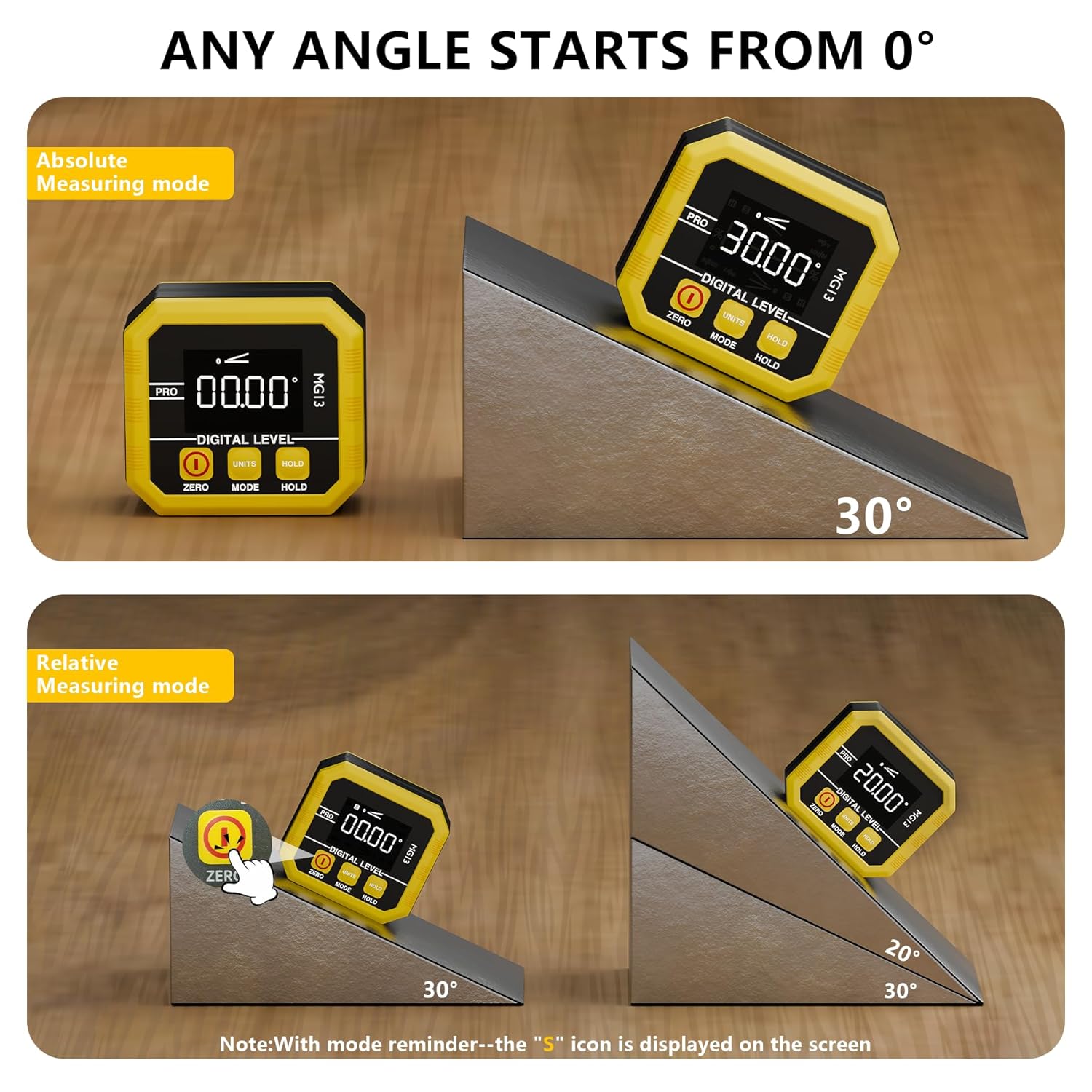Rechargeable Digital Angle Finder and Magnetic Inclinometer Gauge | ±0.1° Accuracy Protractor | 360° Flip Screen for Woodworking, Construction, Machinery
