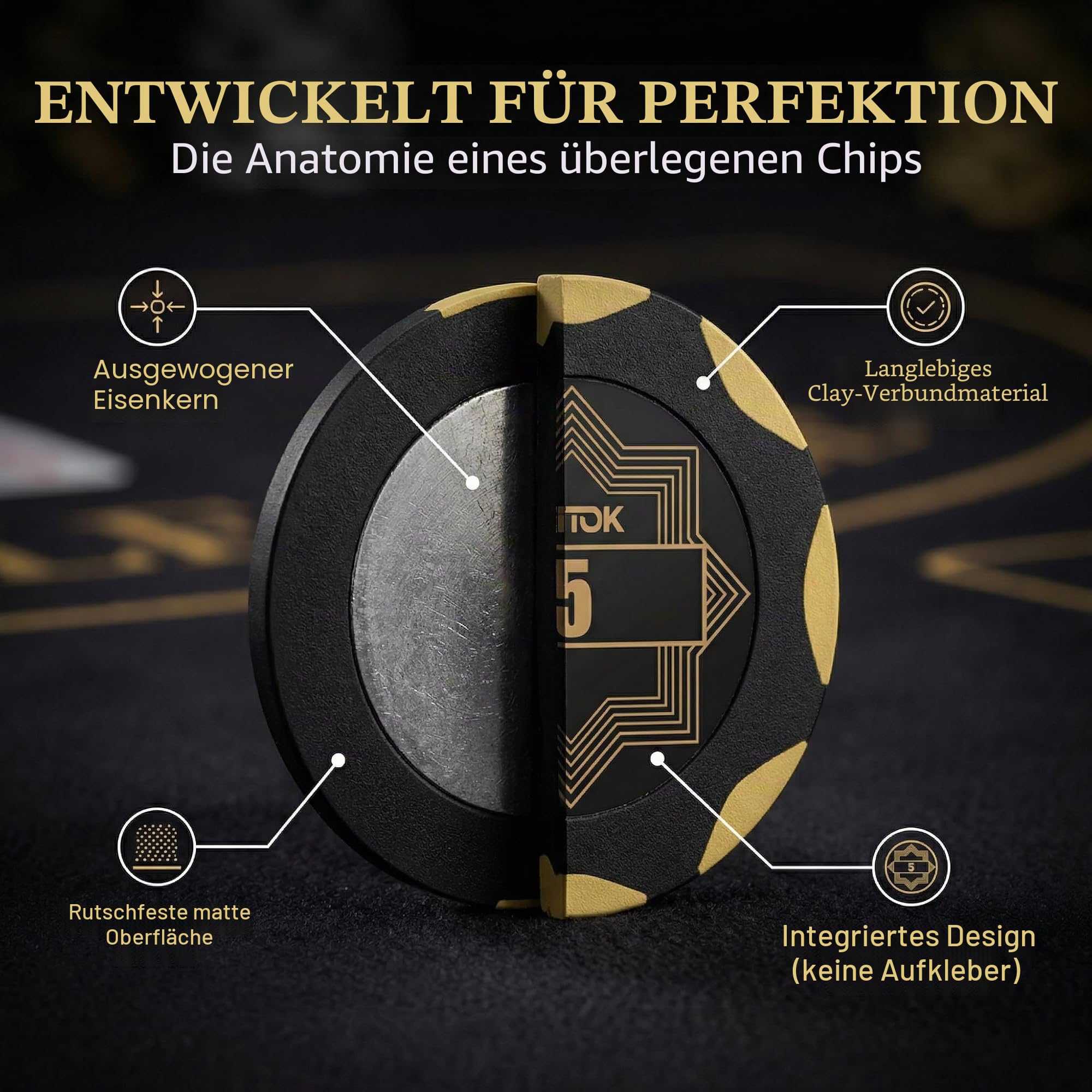 HEITOK Pokerkoffer 300 Chips 14g Clay Composite nummeriert Texas Holdem Set | 2-8 Spieler, gut lesbare Werte, Blackjack, Karten, Würfel, Dealer und Small/Big Blind Buttons, Pokerrunden, Kartenspielabende