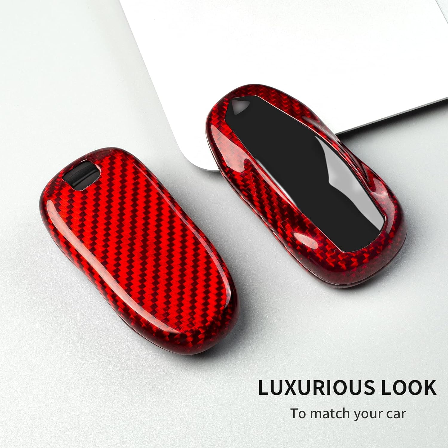 T-carbon Glass Fiber Key Fob Cover Compatible with Tesla Model 3/S/Y – Ultra-Light Key Case Protector Fits for Tesla Remote Keyless Entry, Full Protection Shell, Red