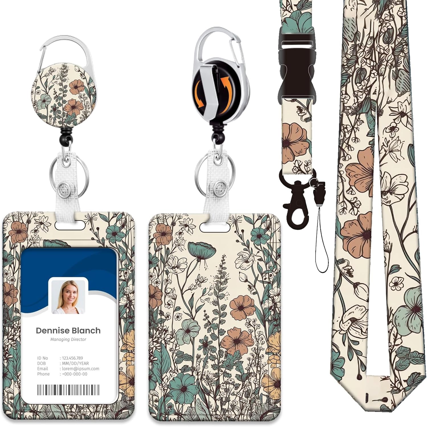 Heavy Duty ID Badge Holder with Lanyard, Retractable Badge Reel Clip, Lanyards for Hard Vertical ID Card Holders for Office, School, Teachers, Nurses, Women - Vintage Floral Art