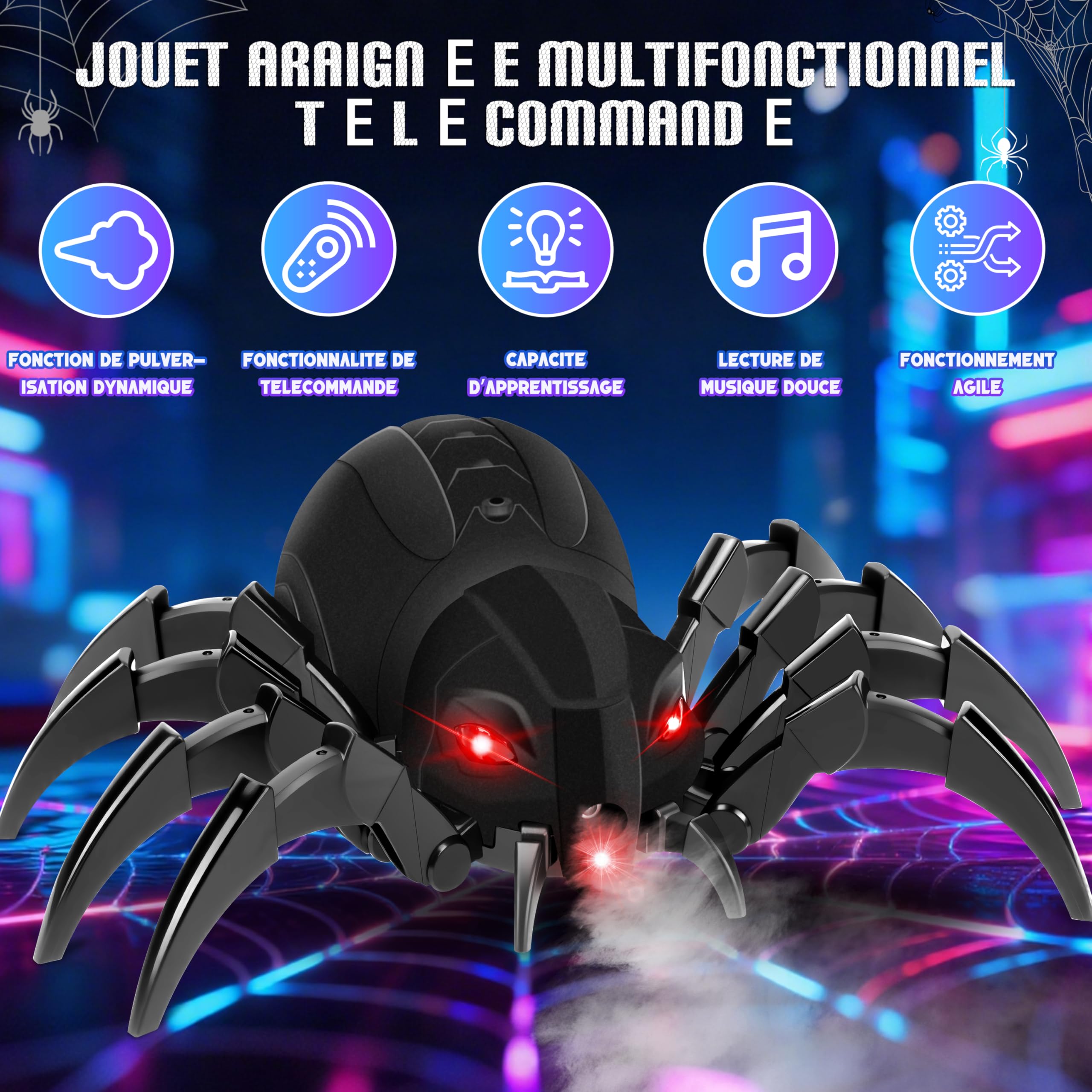 MOMOSTAR 2.4GHZ Araignée Télécommandée Jouet Enfant 6-12 Ans Garcon Fille, Fonction Spray, Yeux Lumineux Et Plusieurs Modes Musicaux Anniversaire Cadeau Enfant 6-12 Ans Garcon Fille Jeux