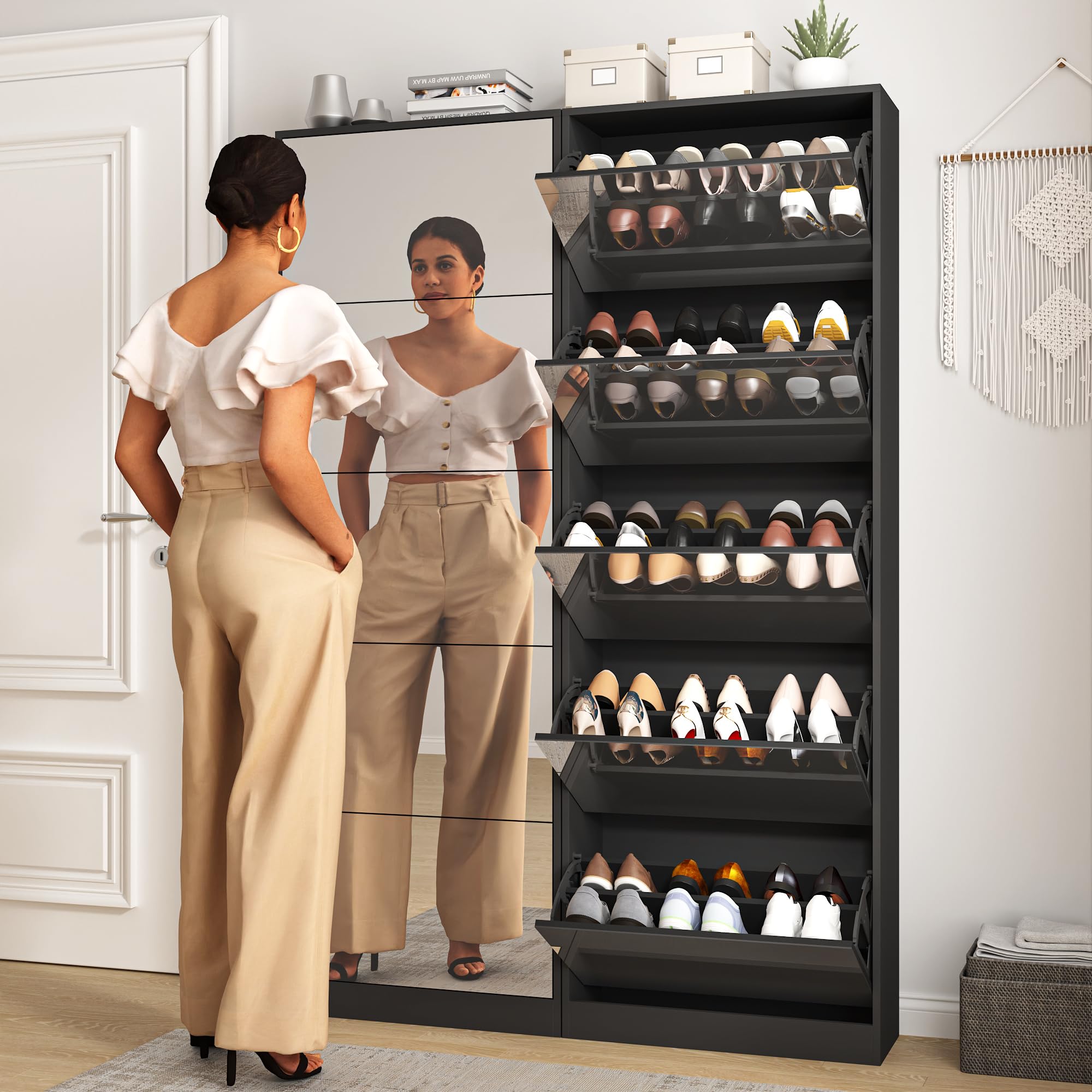 Scarpiera a specchio lungo 185 cm, 5 cassetti pieghevoli e spazio per 30 paia di scarpe, armadio per ingresso, camera da letto