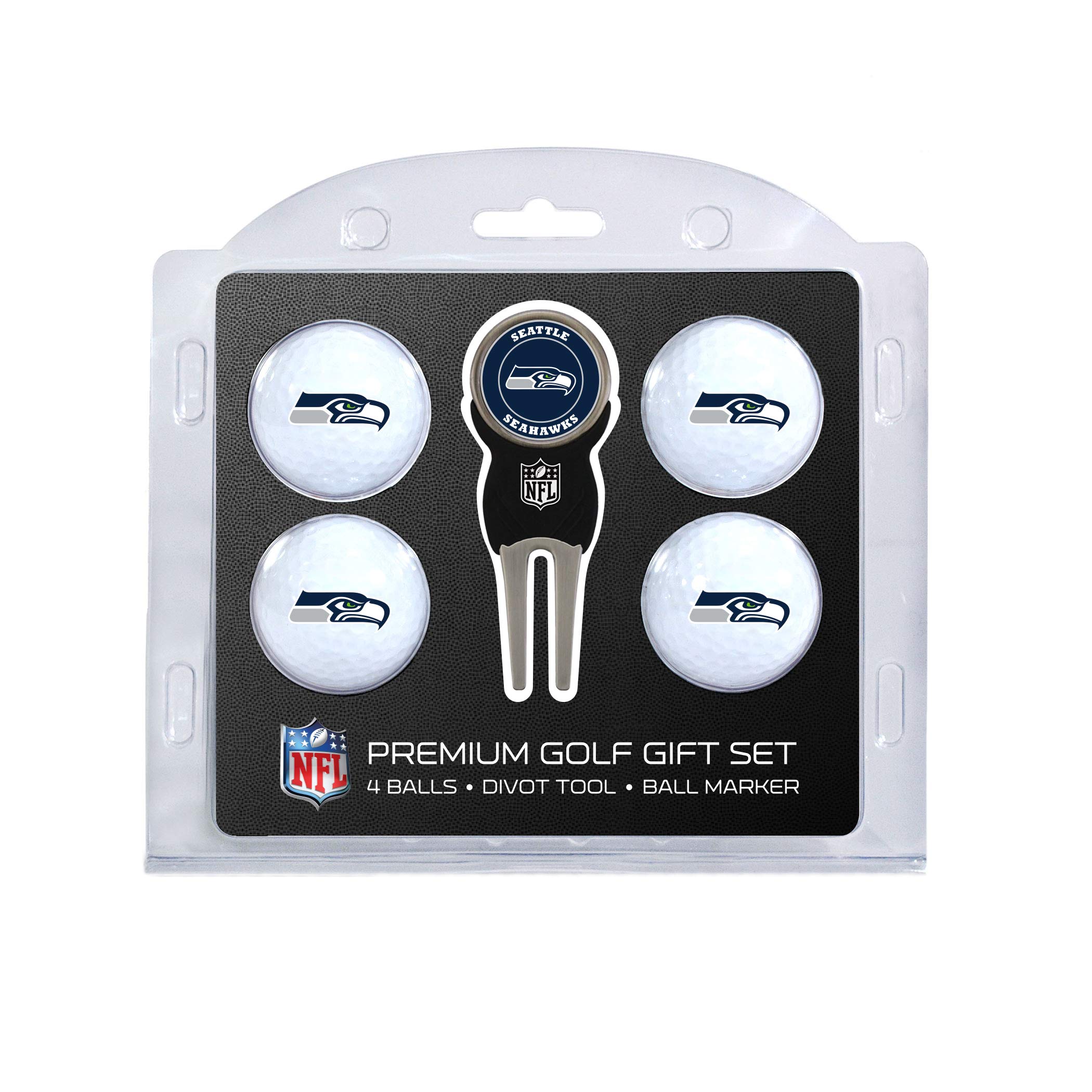 Team Golf NFL Seattle Seahawks 4 Golf Ball And Divot Tool Set Regulation Size Golf Balls (4 Count) & Divot Tool with Removable Double-Sided Magnetic Marker