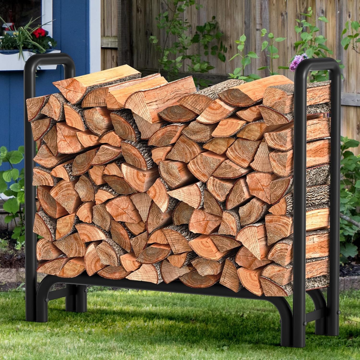 Firewood Rack Stand 17.7inch Heavy Duty Log Rack Holder for Indoor and Outdoor Wood Storage Wrought Iron Wood Stacker Shelf Black Color