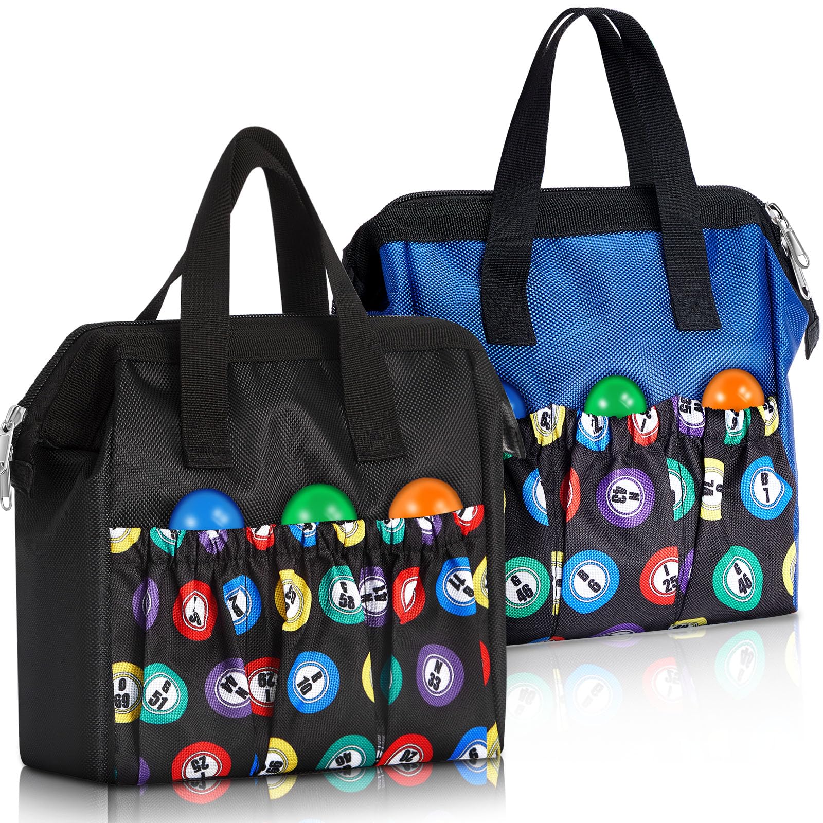Sweetude Borsa da bingo Dauber con manico e cerniera, con 6 tasche esterne e 3 tasche interne, 2 pezzi, nero, blu., Large, Borsa casual