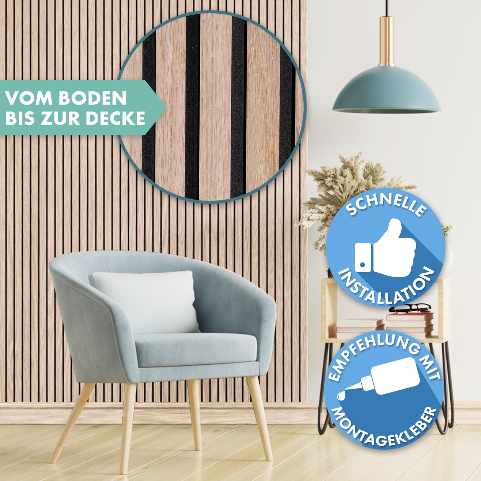 etm Akustikpaneele 275 x 27 cm, Wandpaneele mit Echtholzfurnier| Wandverkleidung | Akustikpaneel | Wandpaneele auf Filz | Akustikfilz (White Oak)