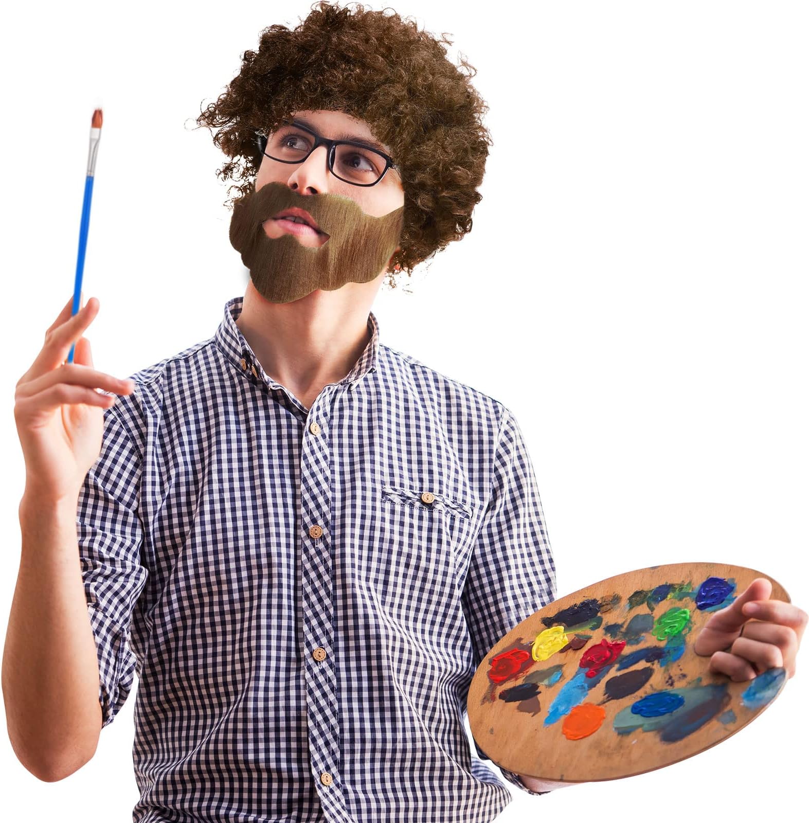6 Pcs Mardi Gras 80s Painter Costume Includes Clown Afro Wig Funny Beard Wooden Palette Paint Brushes Props for Carnival