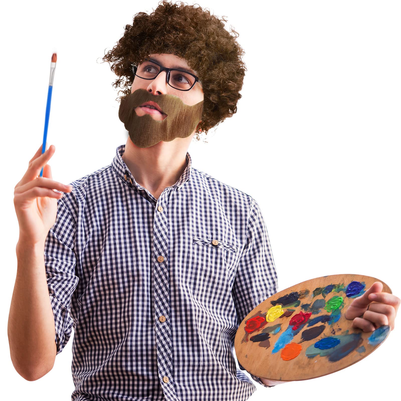 6 Pcs 80s Painter Costume Includes Clown Afro Wig Funny Beard Wooden Palette Paint Brushes Props for Cosplay Party