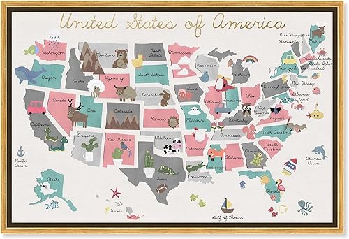 The Oliver Gal Artist Co. Mapas y banderas - Lienzo enmarcado para pared, diseño de mapa pastel divertido, mapas de países americanos, 15 x 10