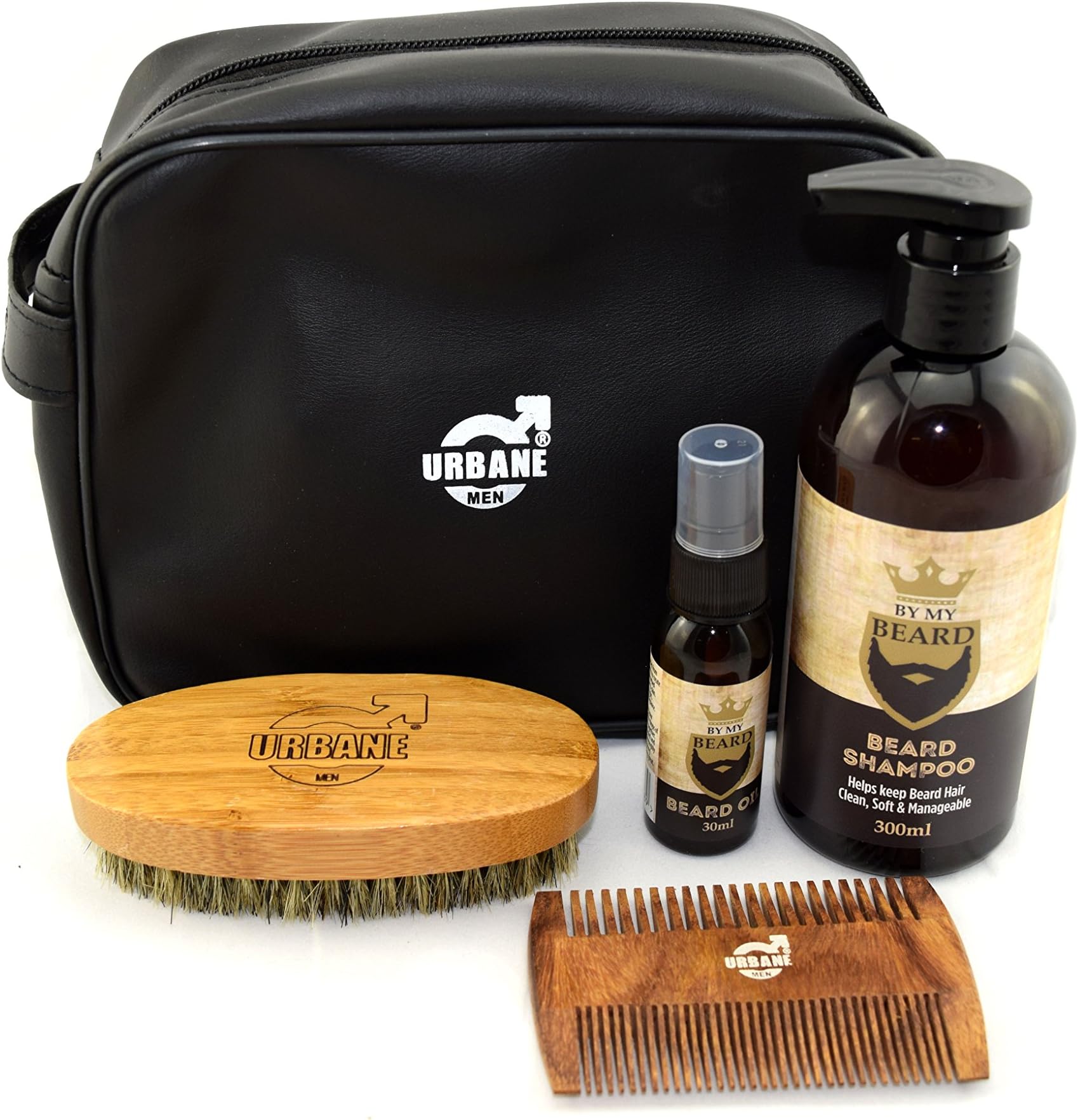 Urbane Men Beard Care Grooming Kit with Wash Bag - Beard Shampoo, Oil, Brush and Comb Gift Set